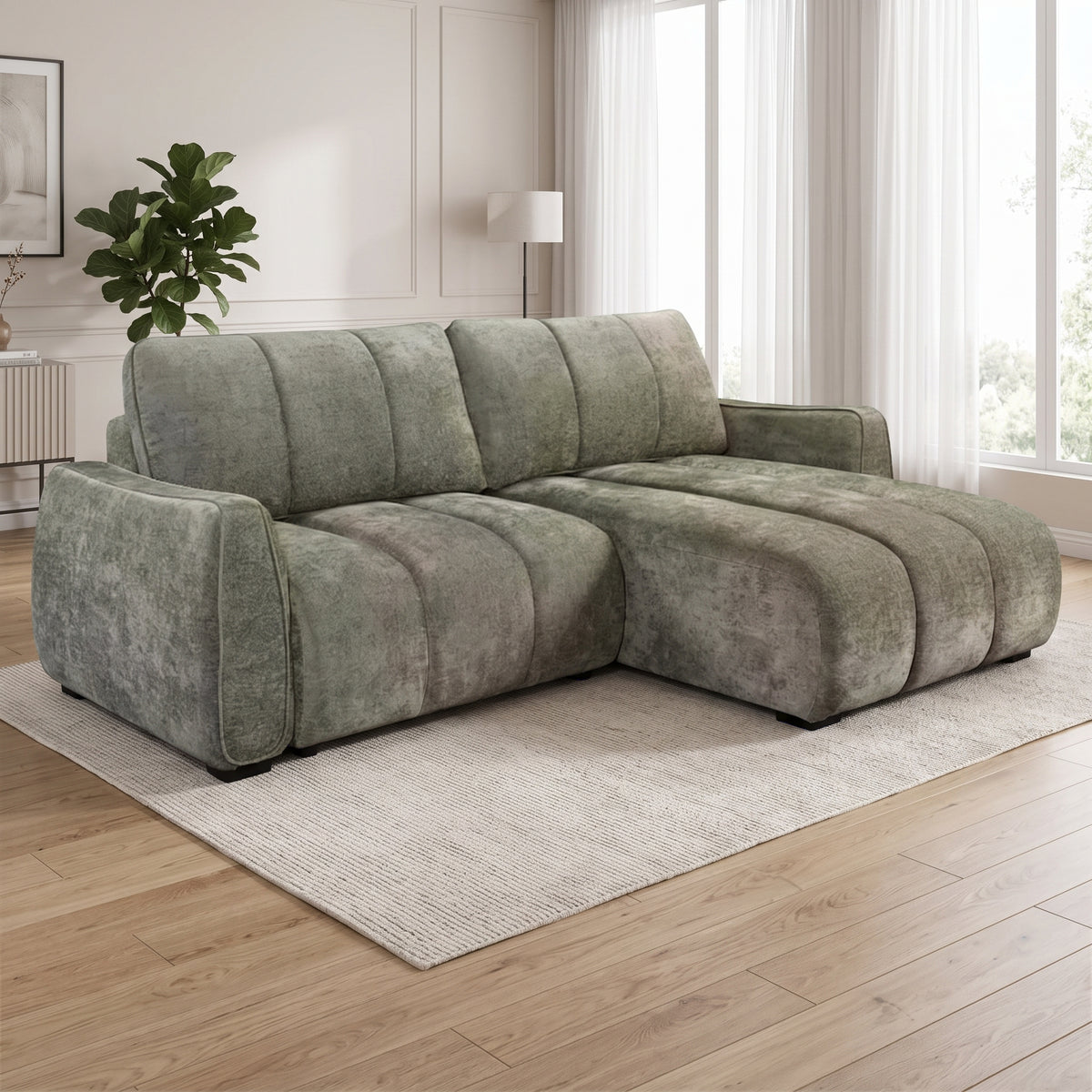 Ridge Green Universal Corner Sofa Bed – Channel Tufted with Pullout Bed & Hidden Storage