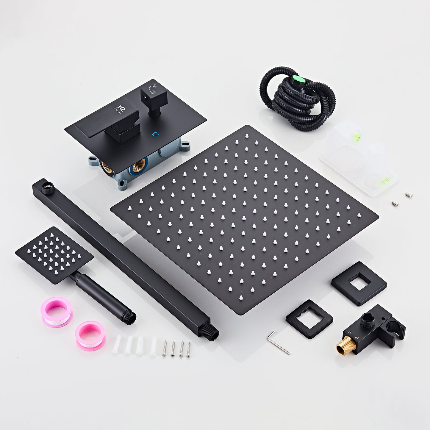 Matt Black Shower Valve, Fixed Shower Head & Handset