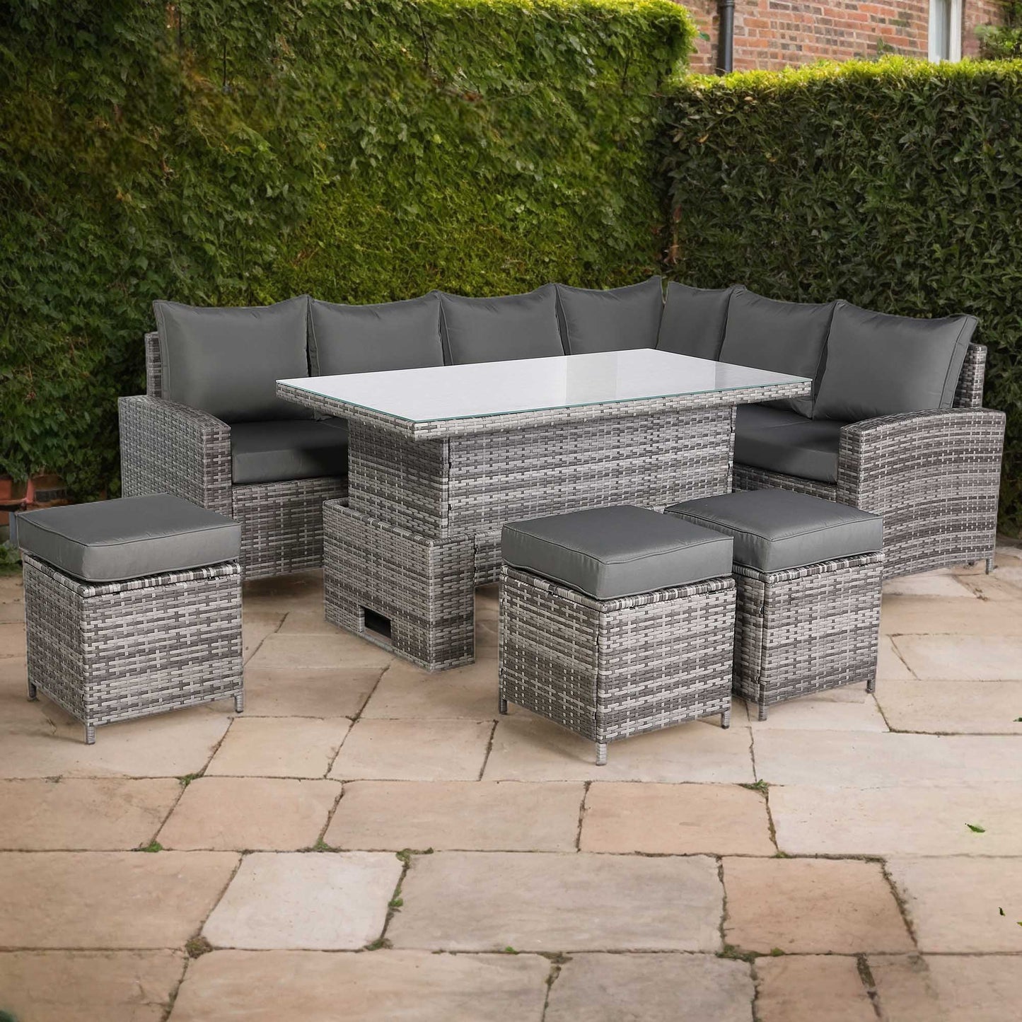 CLEARANCE-Henley Range High Back RHF Dining Corner Sofa Set in Grey Weave with Rising Table (KG07)