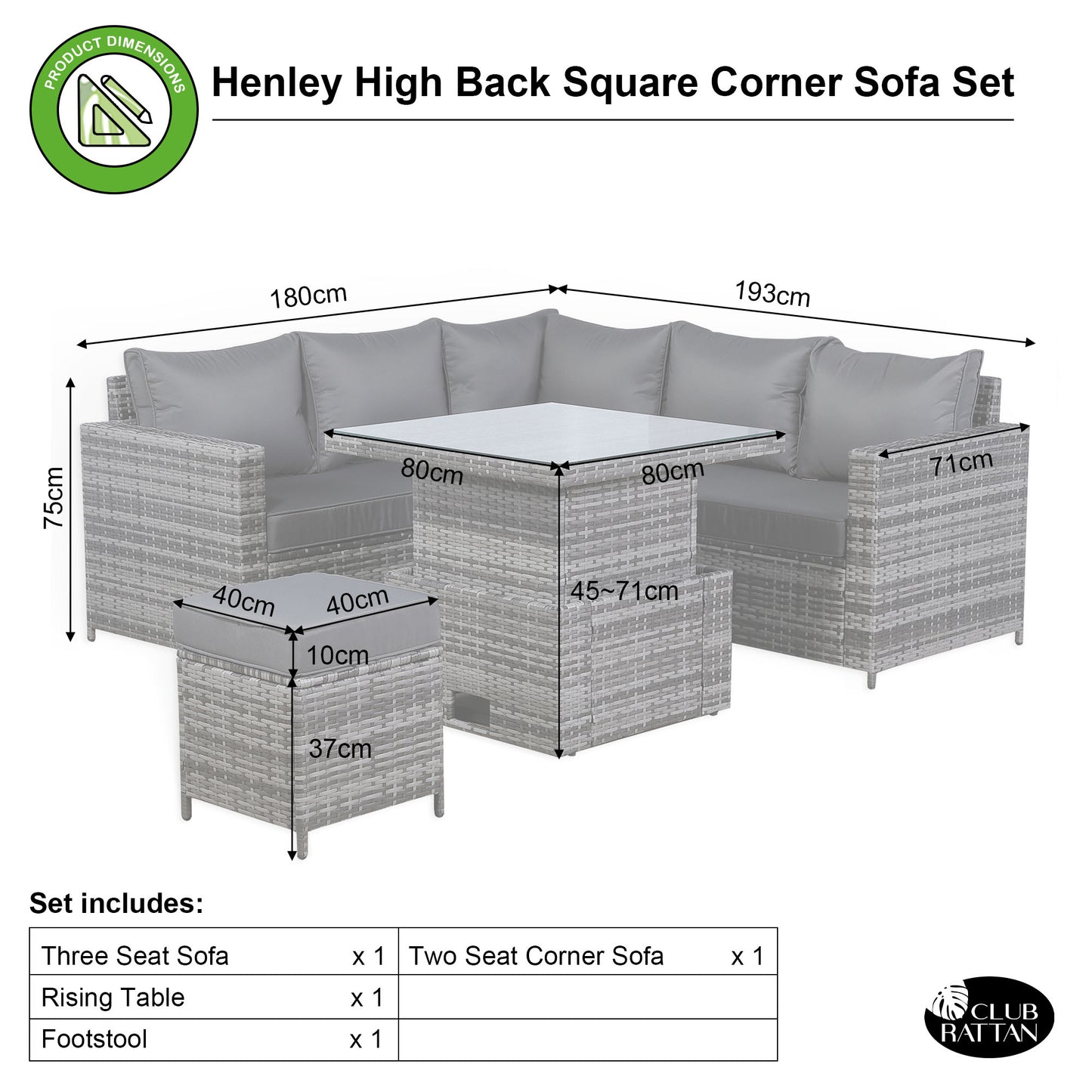 CLEARANCE-Henley Range High Back Compact Square Corner Sofa Set in Grey Weave with Rising Table