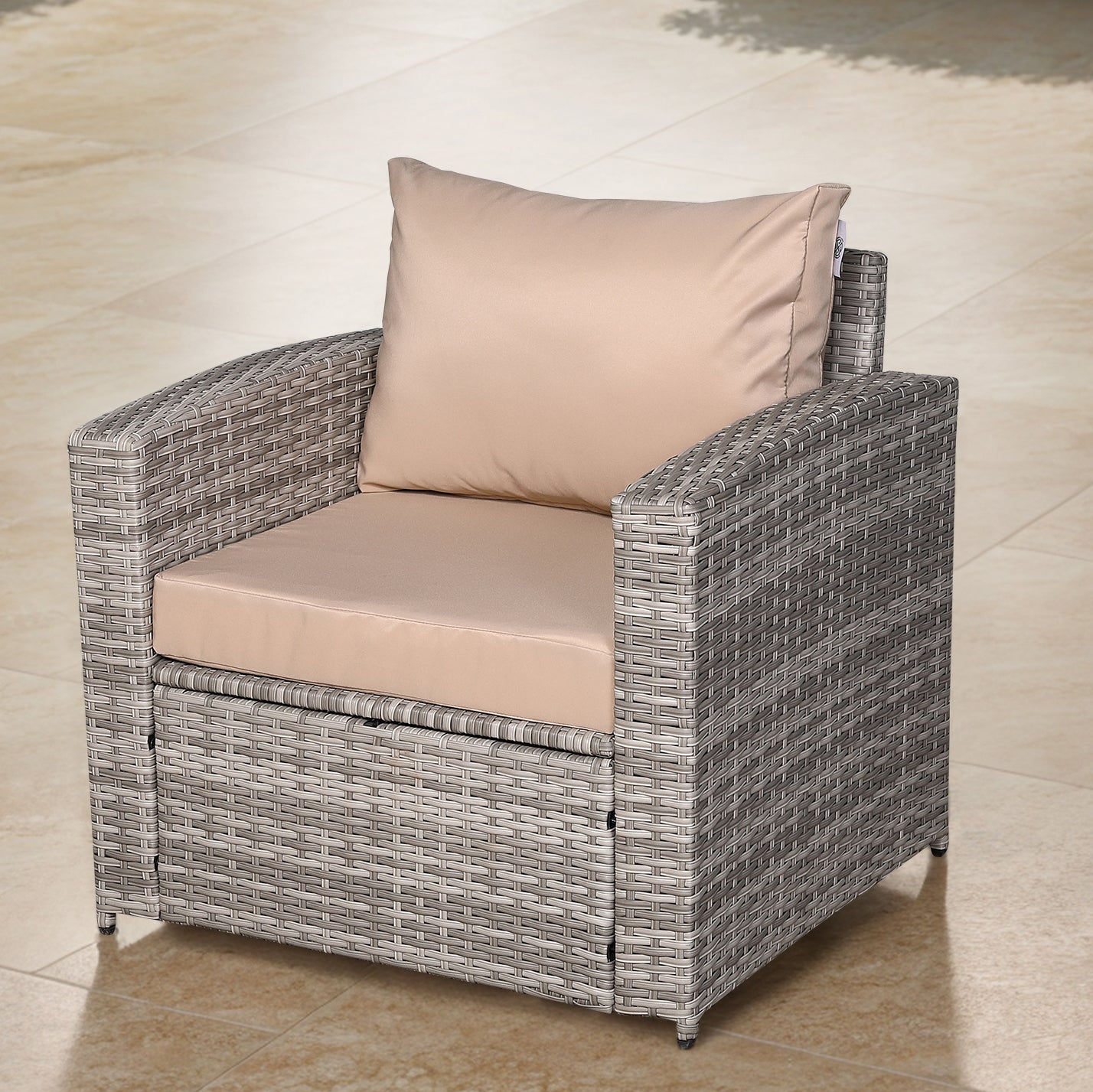 Ashley Range Pair of Arm Chairs in Light Grey Rattan and Beige Cushions
