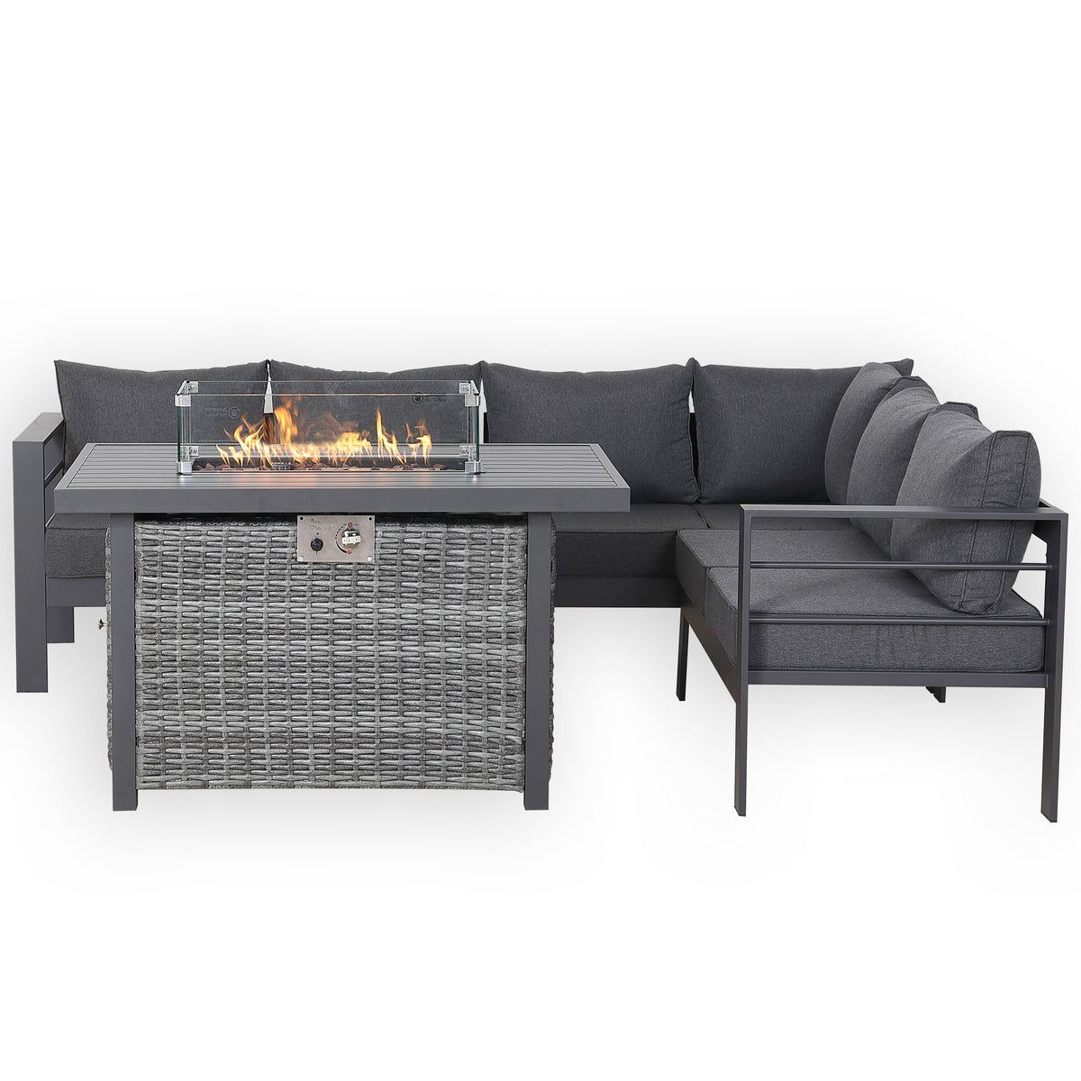 PRE ORDER - Flicker Fire Collection | Club Rattan 6‑Seater Rhf Aluminium Garden Corner Sofa Set with Gas Fire Pit Table