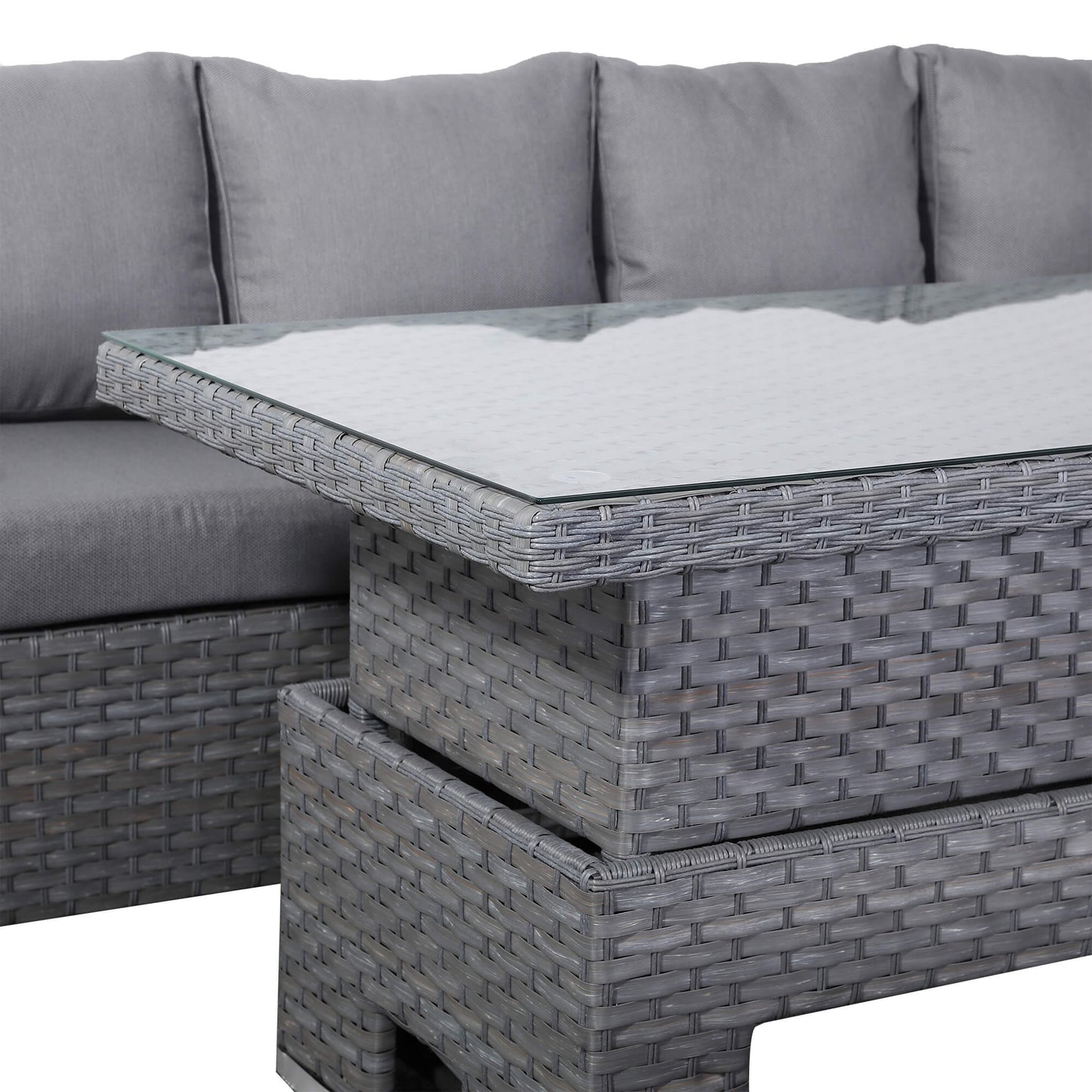 Isobella Range Elite Left Hand Corner Sofa Set with Rising Table and Arm Chair in Grey Rattan
