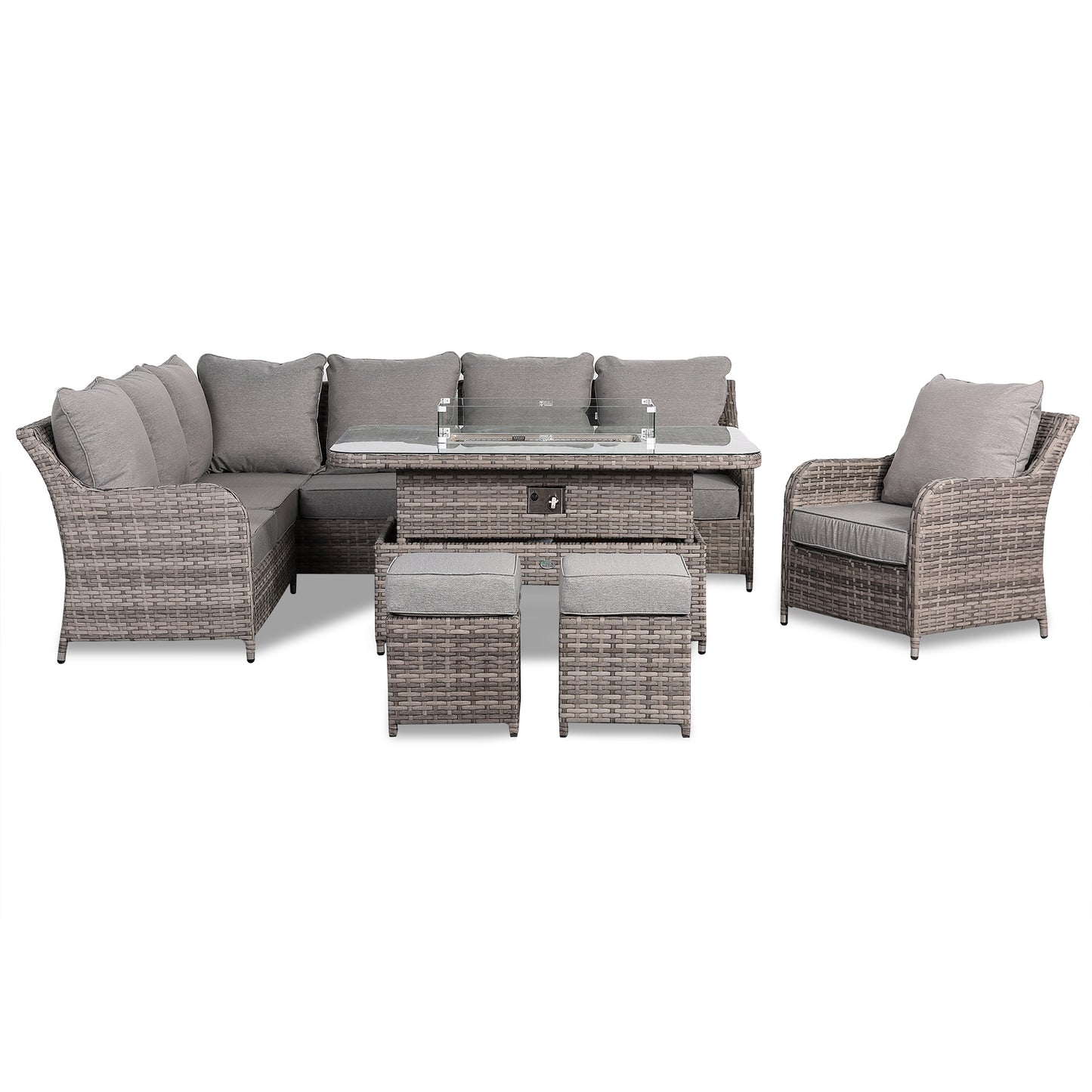 Sicily Range Aluminium Left Hand Corner Set with Fire Pit Rising Table and Arm Chair in Rustic Grey Weave