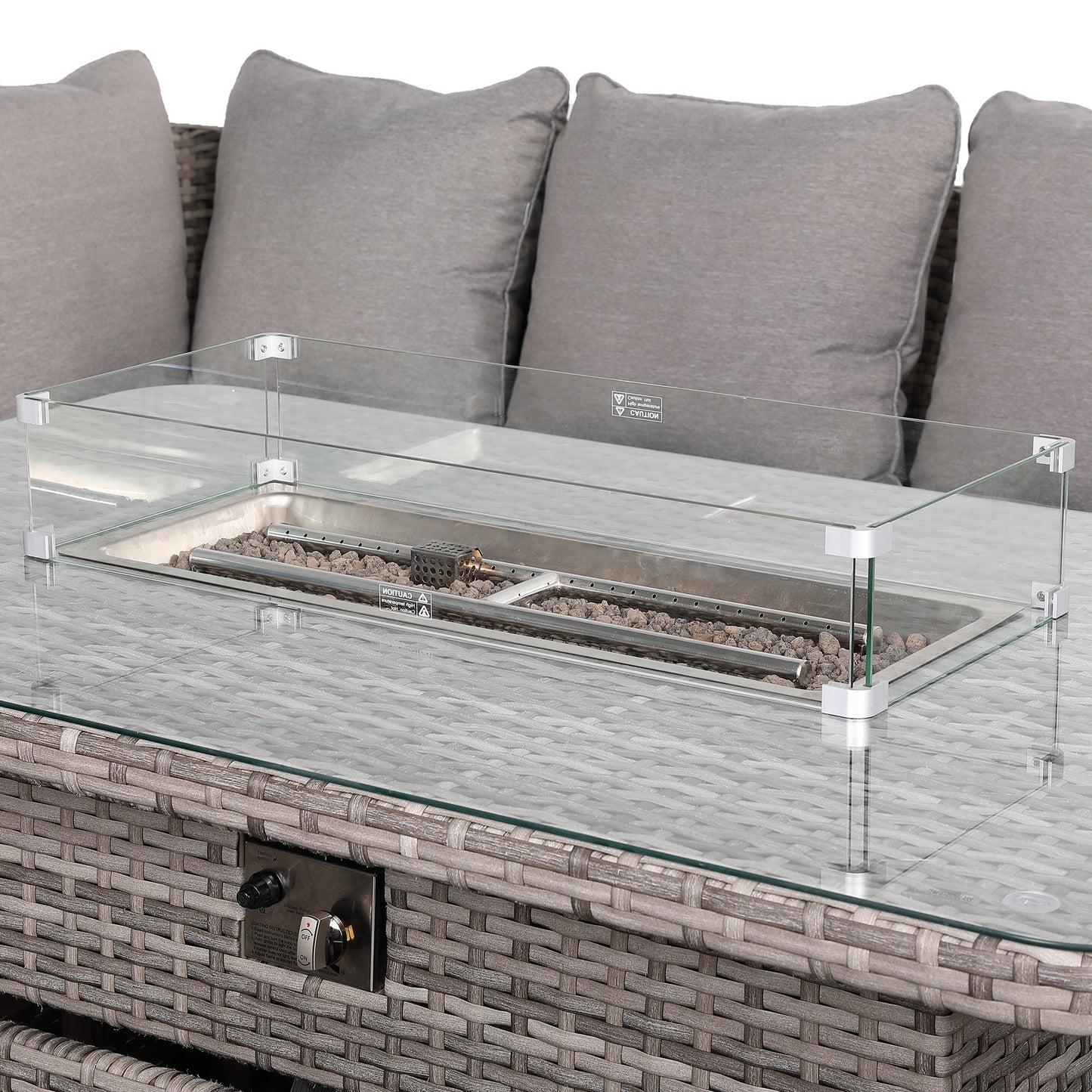 Sicily Range Aluminium Left Hand Corner Set with Fire Pit Rising Table and Arm Chair in Rustic Grey Weave