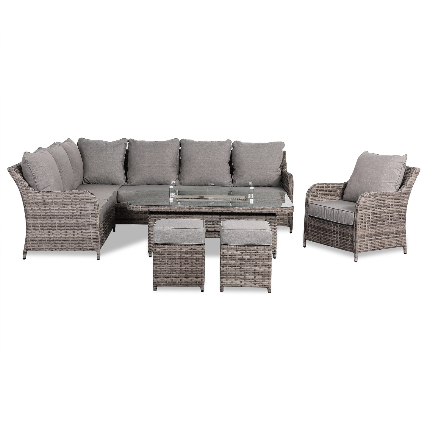 Sicily Range Aluminium Left Hand Corner Set with Fire Pit Rising Table and Arm Chair in Rustic Grey Weave
