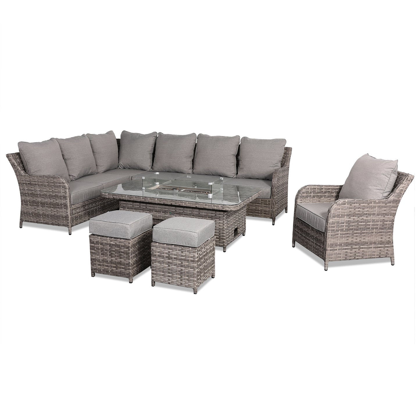 Sicily Range Aluminium Left Hand Corner Set with Fire Pit Rising Table and Arm Chair in Rustic Grey Weave