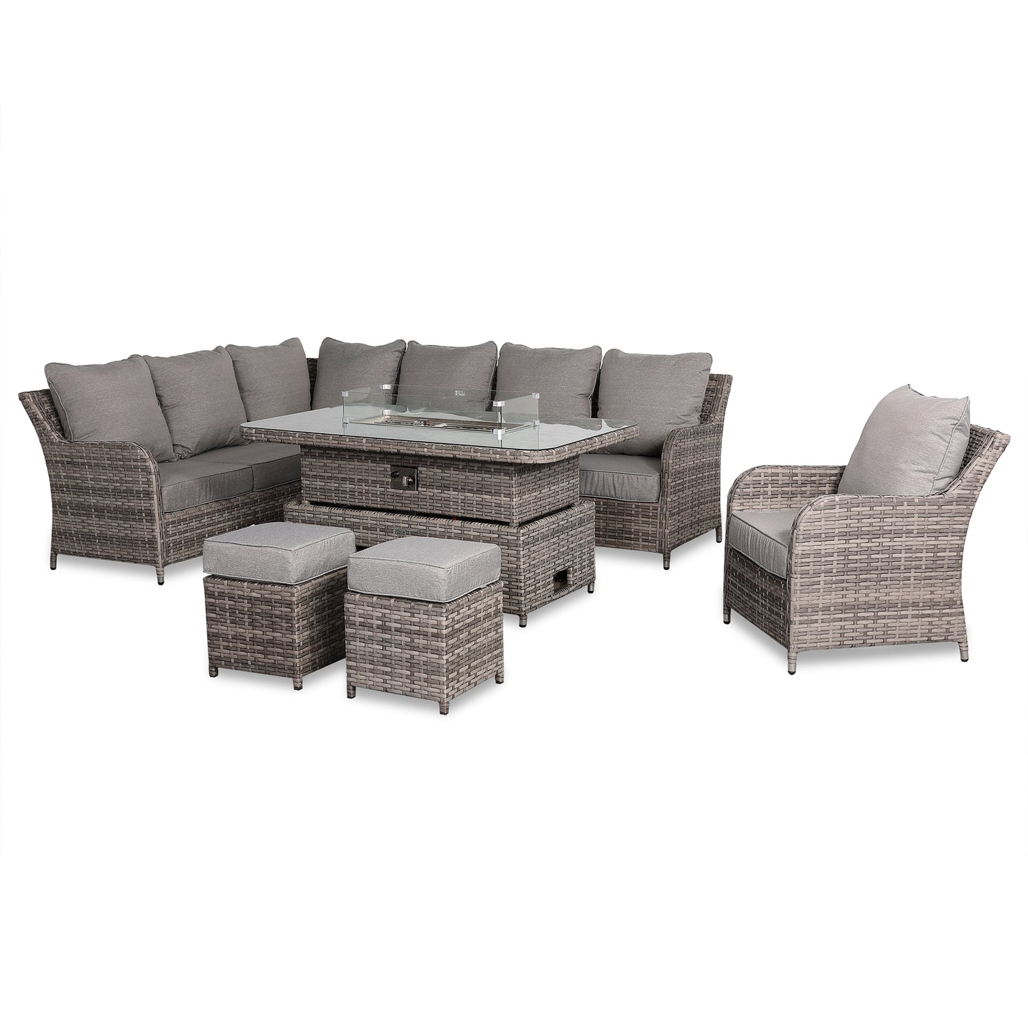 Sicily Range Aluminium Left Hand Corner Set with Fire Pit Rising Table and Arm Chair in Rustic Grey Weave