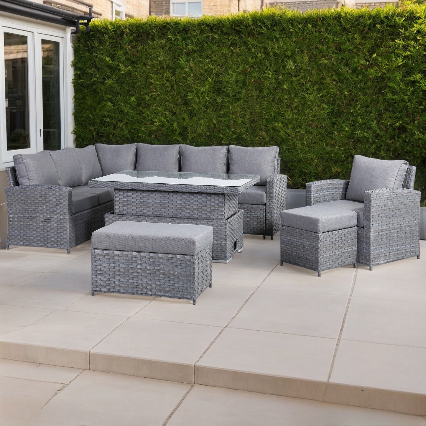 Isobella Range Elite Left Hand Corner Sofa Set with Rising Table and Arm Chair in Grey Rattan