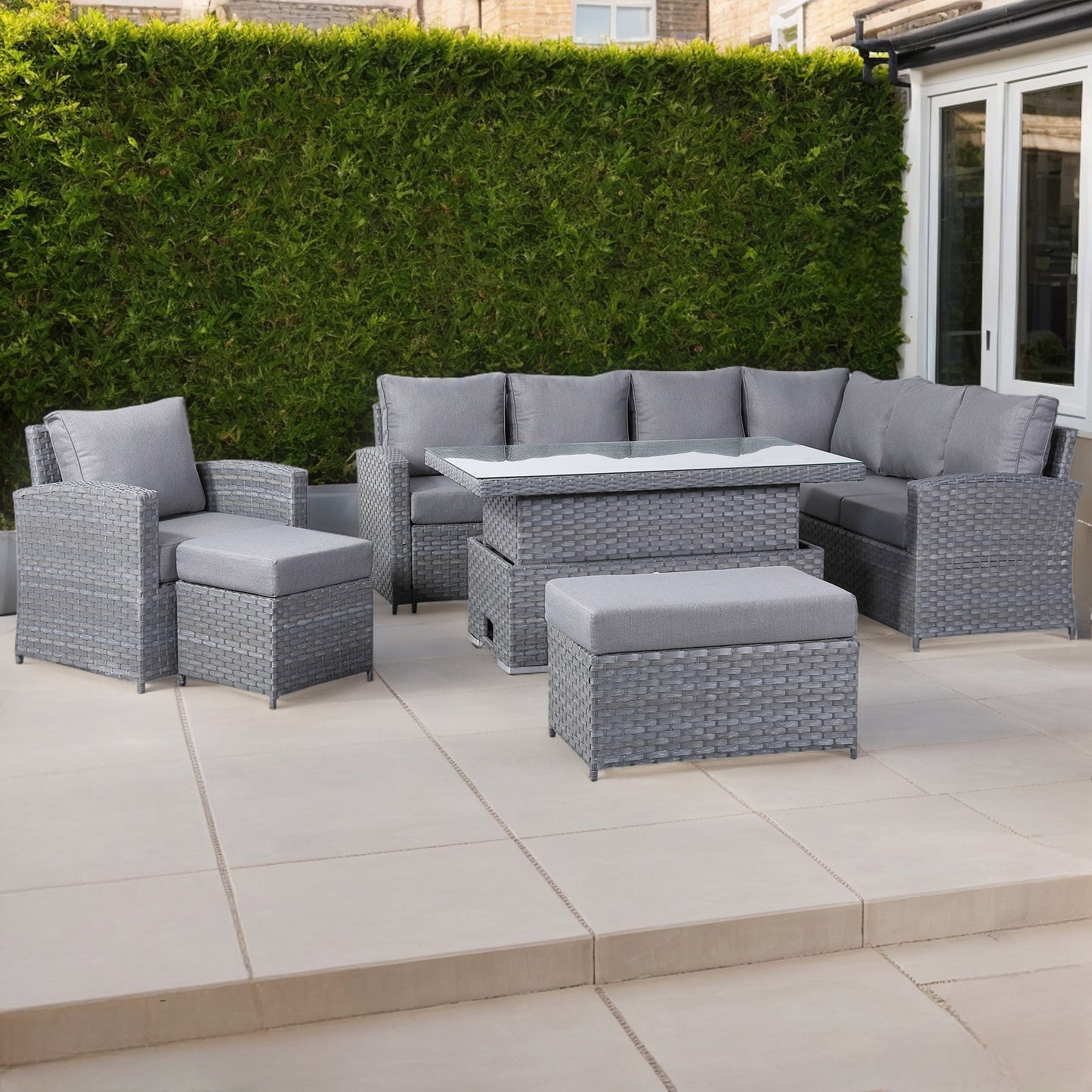Isobella Range Elite Right Hand Corner Sofa Set with Rising Table and Arm Chair in Grey Rattan