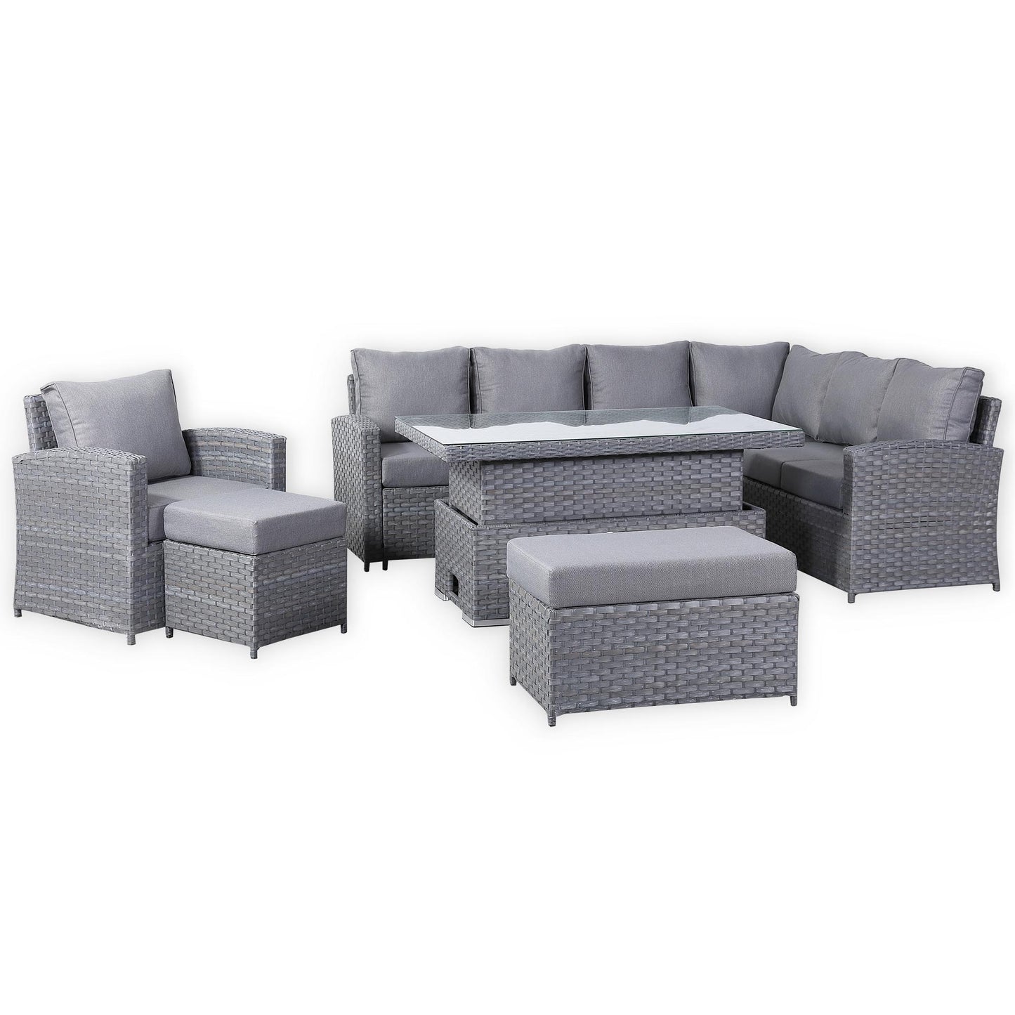 Isobella Range Elite Right Hand Corner Sofa Set with Rising Table and Arm Chair in Grey Rattan