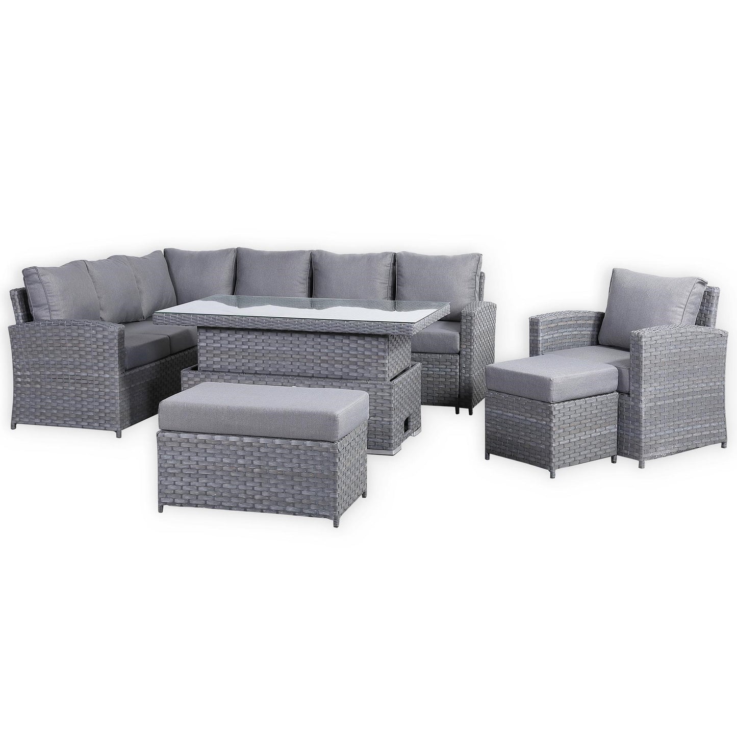 Isobella Range Elite Left Hand Corner Sofa Set with Rising Table and Arm Chair in Grey Rattan