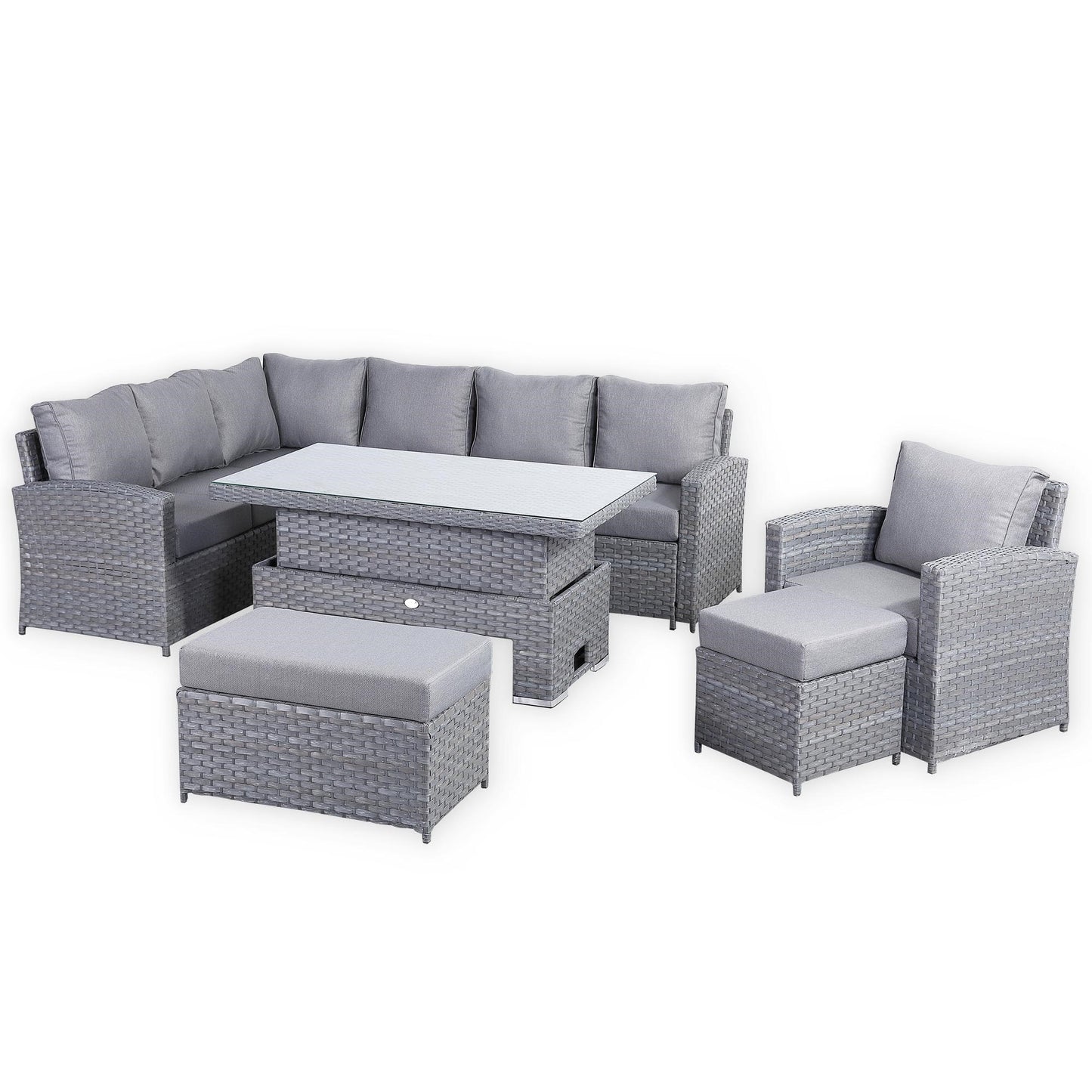 Isobella Range Elite Left Hand Corner Sofa Set with Rising Table and Arm Chair in Grey Rattan