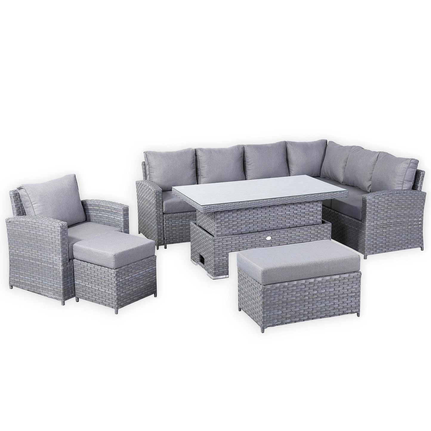 Isobella Range Elite Right Hand Corner Sofa Set with Rising Table and Arm Chair in Grey Rattan