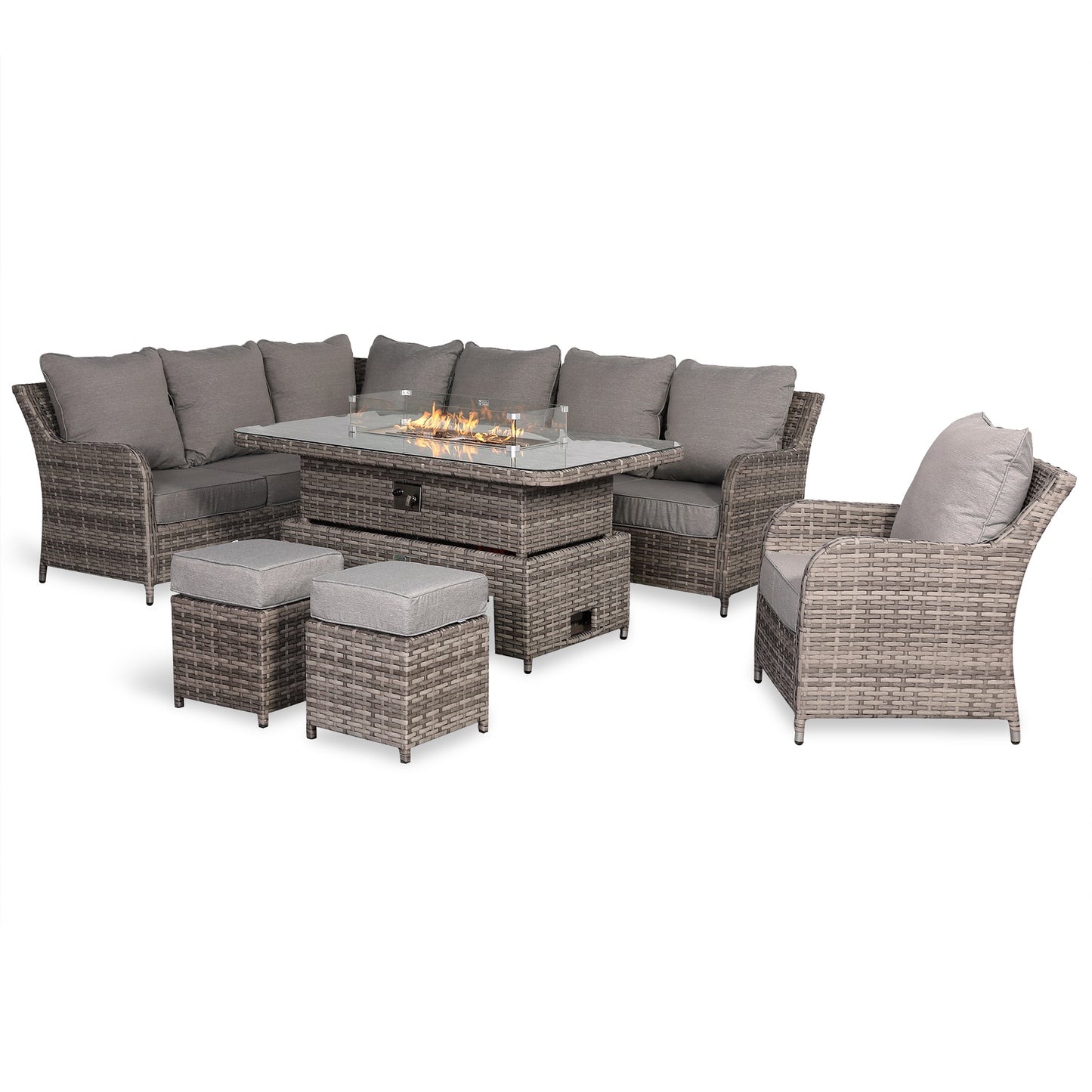 Sicily Range Aluminium Left Hand Corner Set with Fire Pit Rising Table and Arm Chair in Rustic Grey Weave