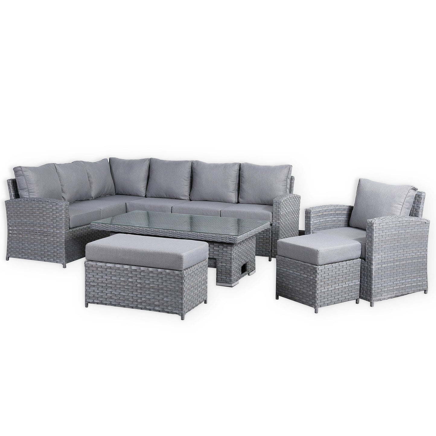 Isobella Range Elite Left Hand Corner Sofa Set with Rising Table and Arm Chair in Grey Rattan