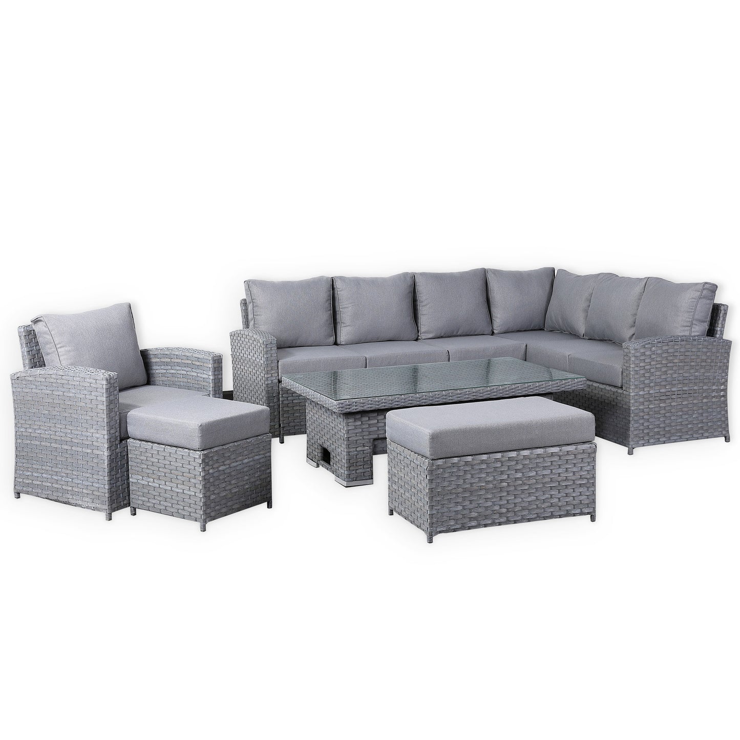 Isobella Range Elite Right Hand Corner Sofa Set with Rising Table and Arm Chair in Grey Rattan