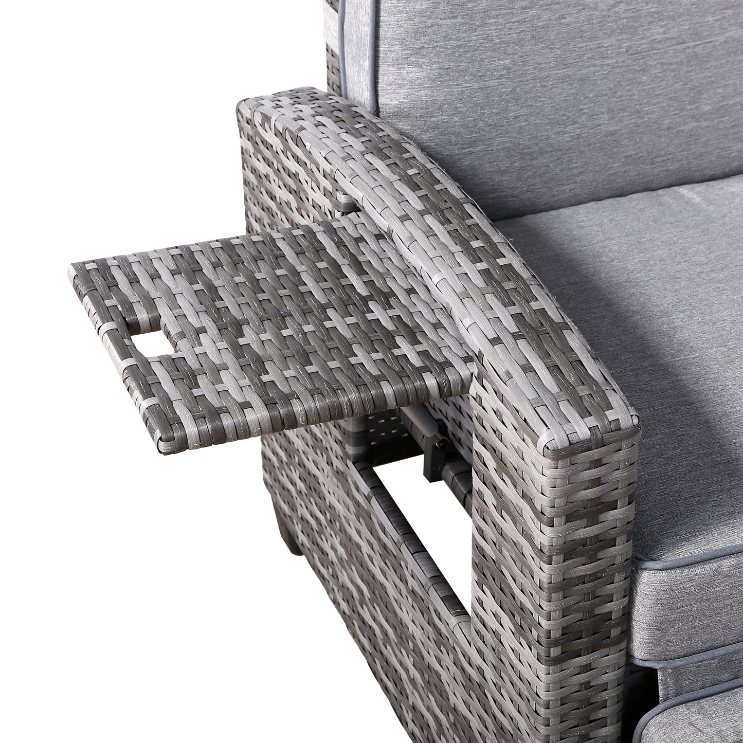 Clearance in shop, sale as shown-- Reclining Armchair with Flip Table in Grey Weave and Grey Cushion