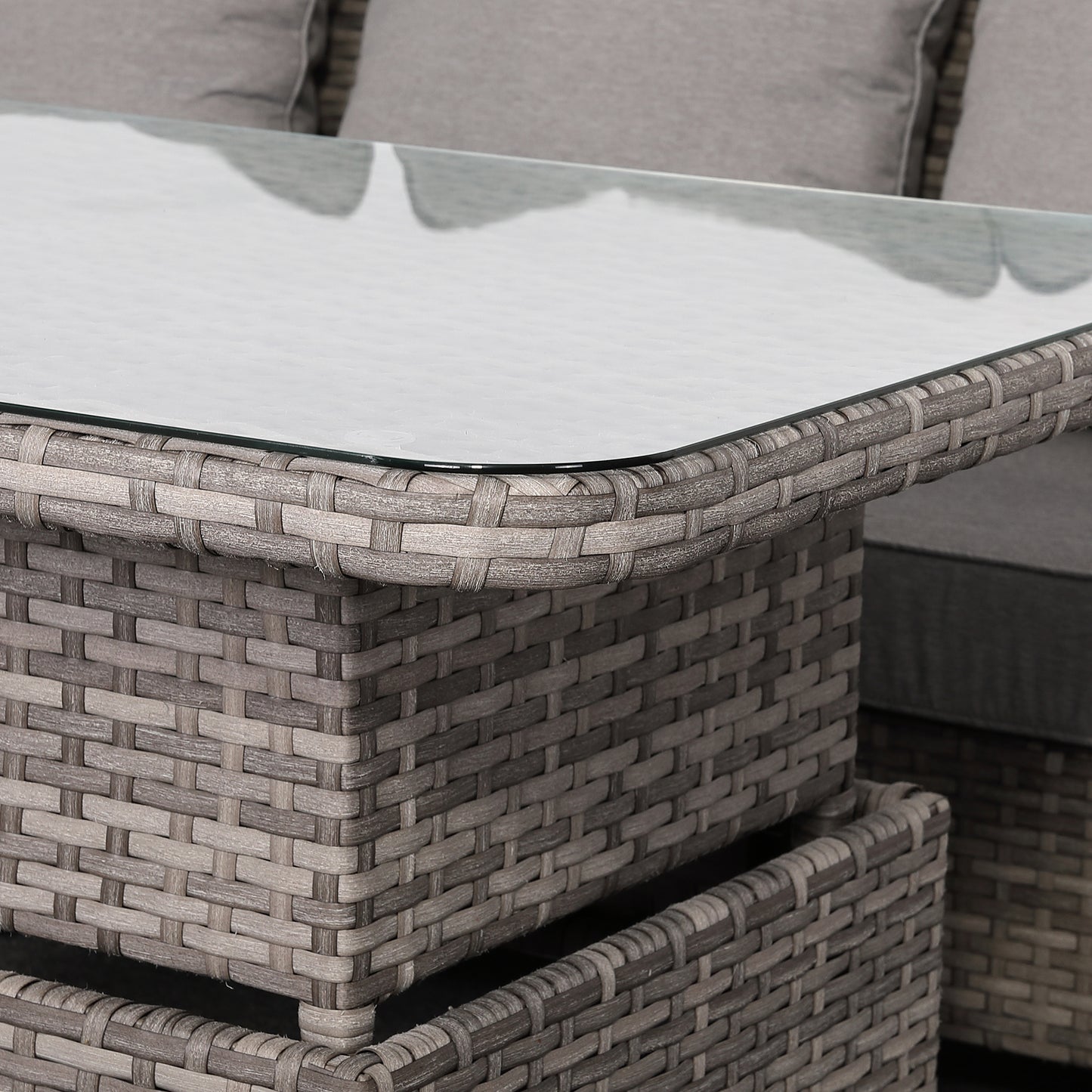 Sicily Range Aluminium Left Hand Corner Set with Rising Table and Arm Chair in Half Round Grey Weave