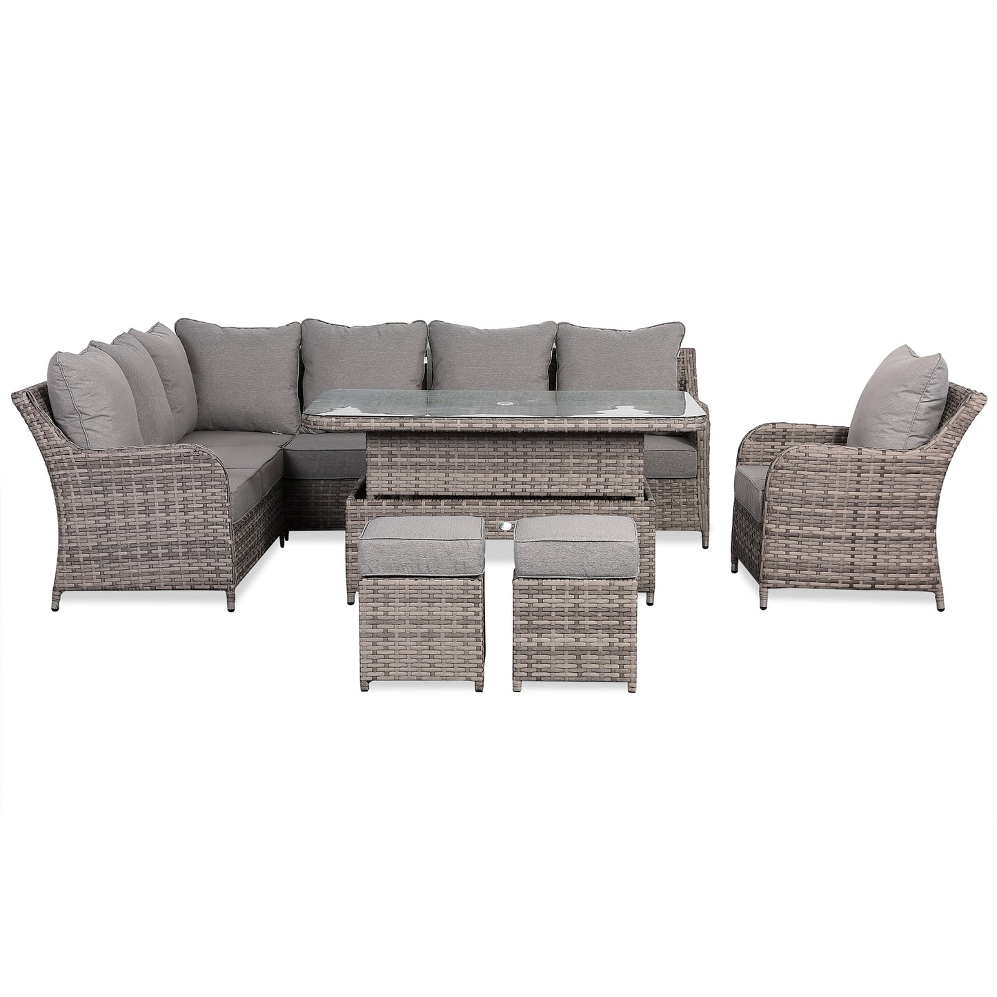 Sicily Range Aluminium Left Hand Corner Set with Rising Table and Arm Chair in Half Round Grey Weave