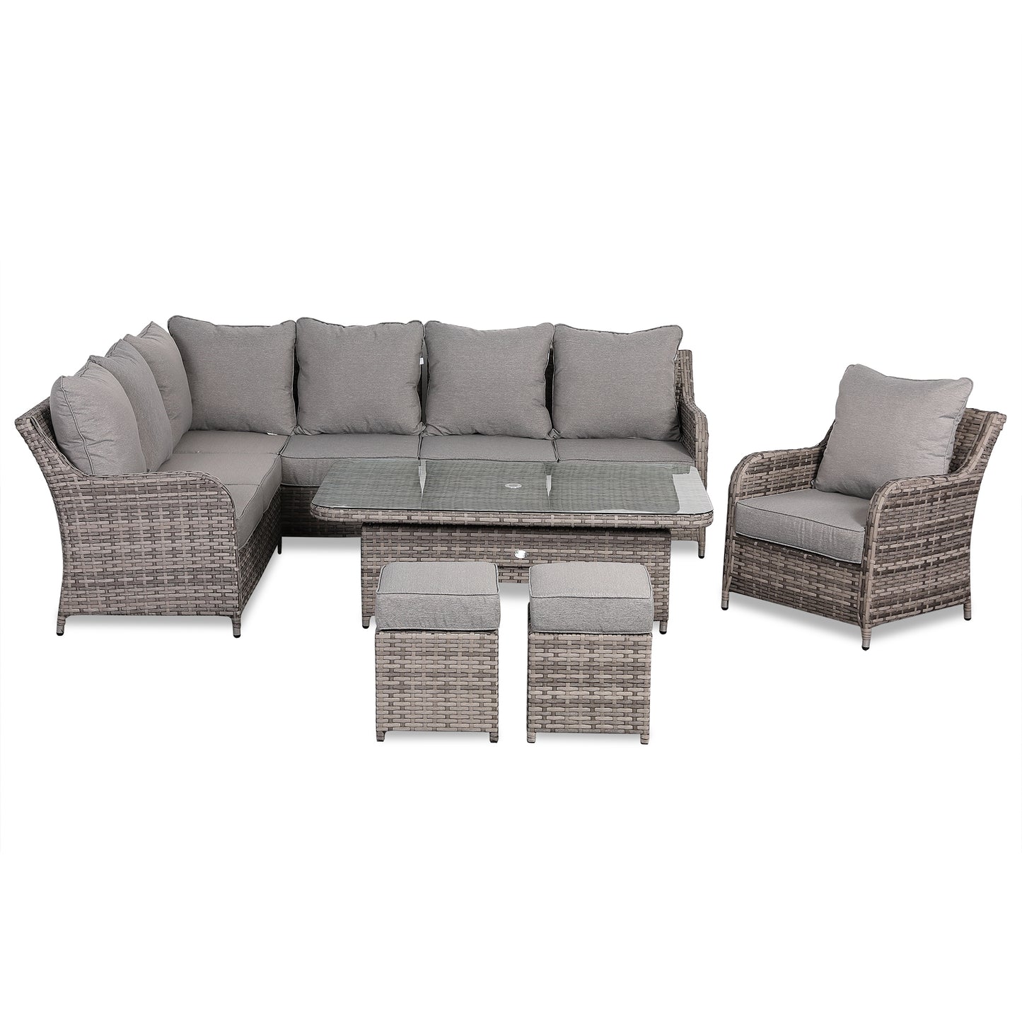 Sicily Range Aluminium Left Hand Corner Set with Rising Table and Arm Chair in Half Round Grey Weave