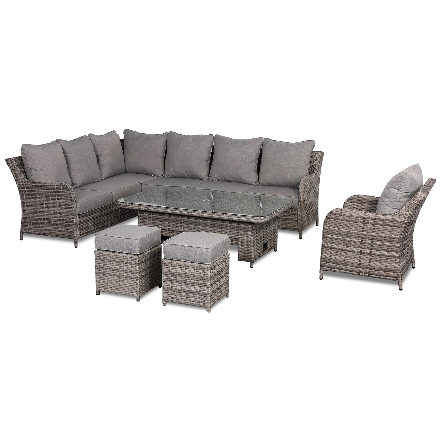 Sicily Range Aluminium Left Hand Corner Set with Rising Table and Arm Chair in Half Round Grey Weave