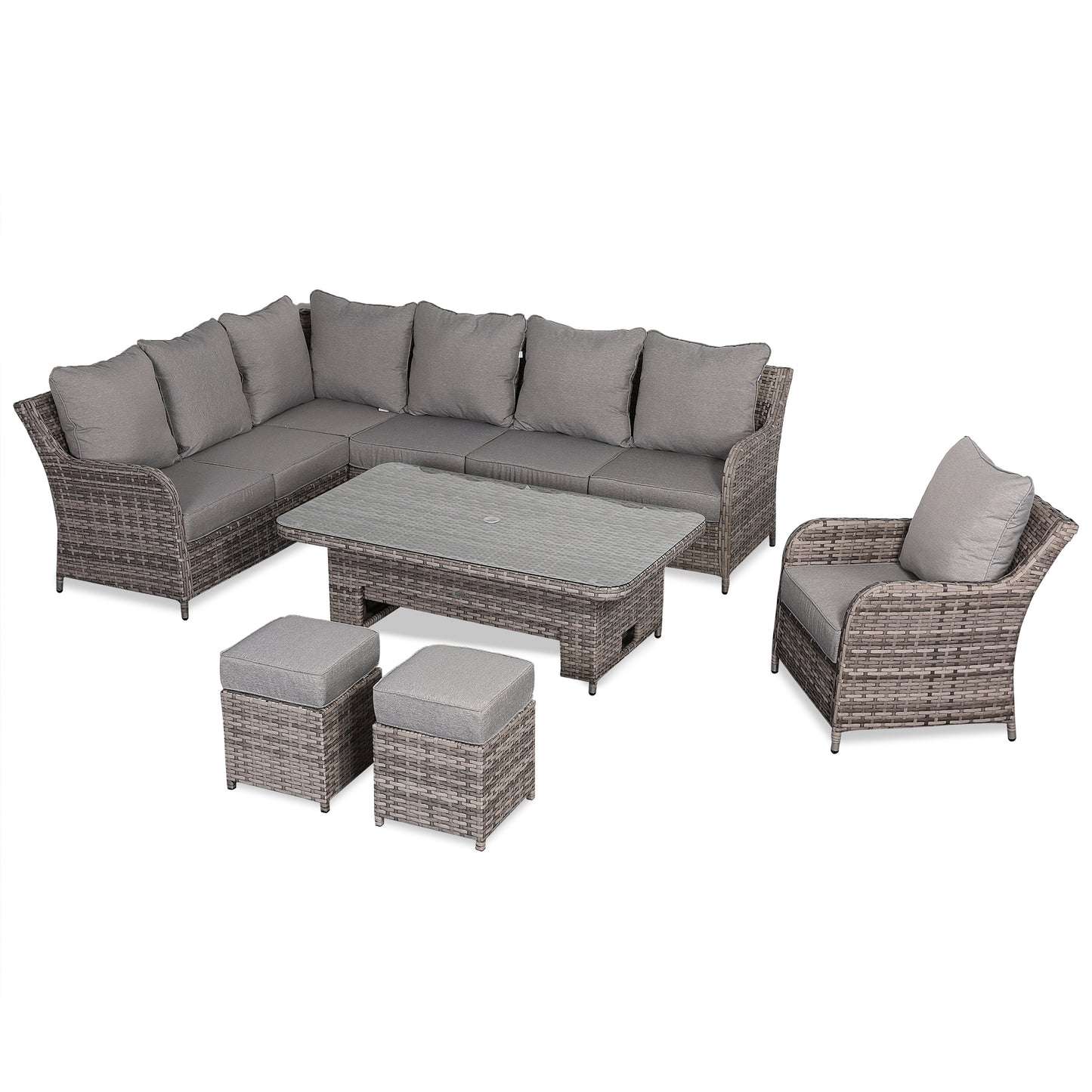 Sicily Range Aluminium Left Hand Corner Set with Rising Table and Arm Chair in Half Round Grey Weave