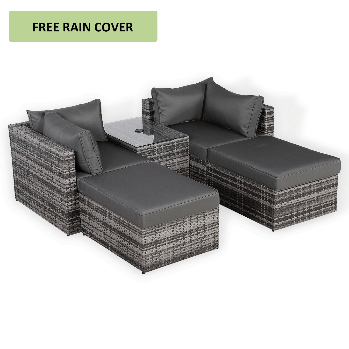 Modern Range Lounger Chaise Sofa Set with Side Table in Grey Rattan with Free Rain Cover