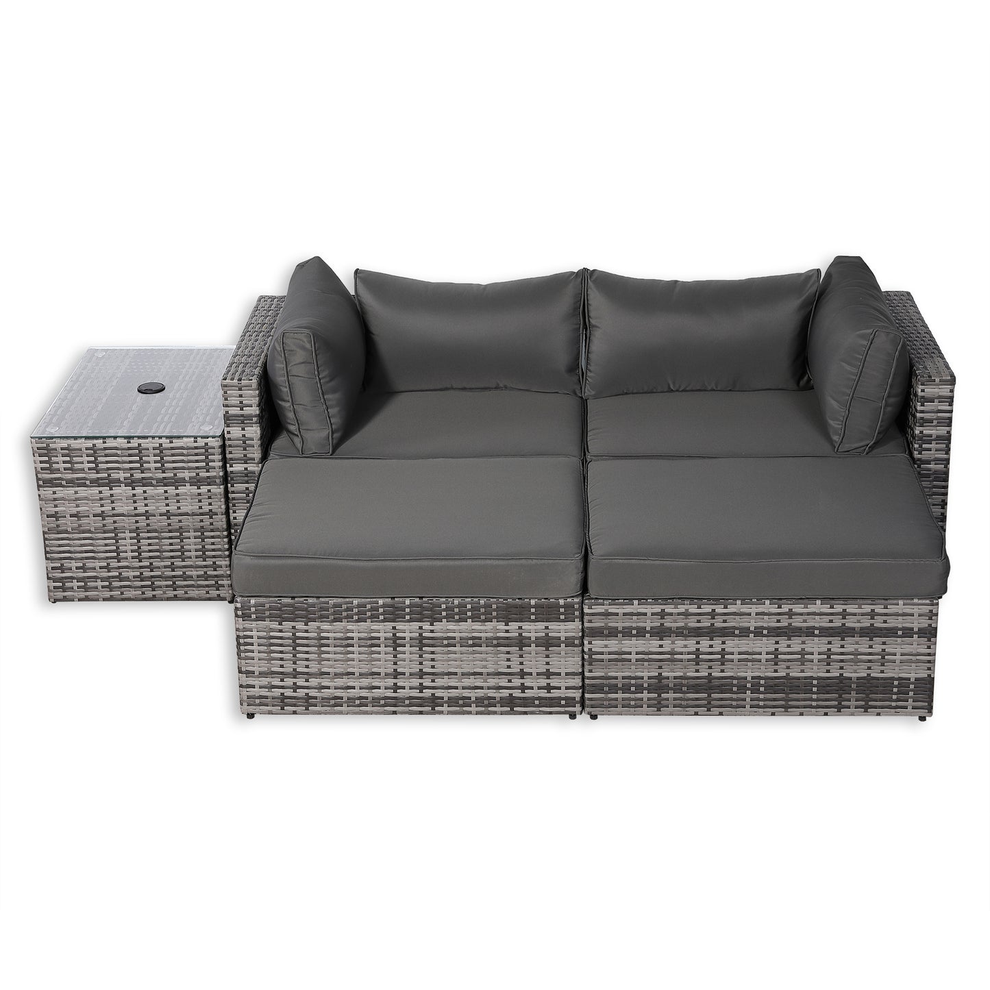 Modern Range Lounger Chaise Sofa Set with Side Table in Grey Rattan with Free Rain Cover
