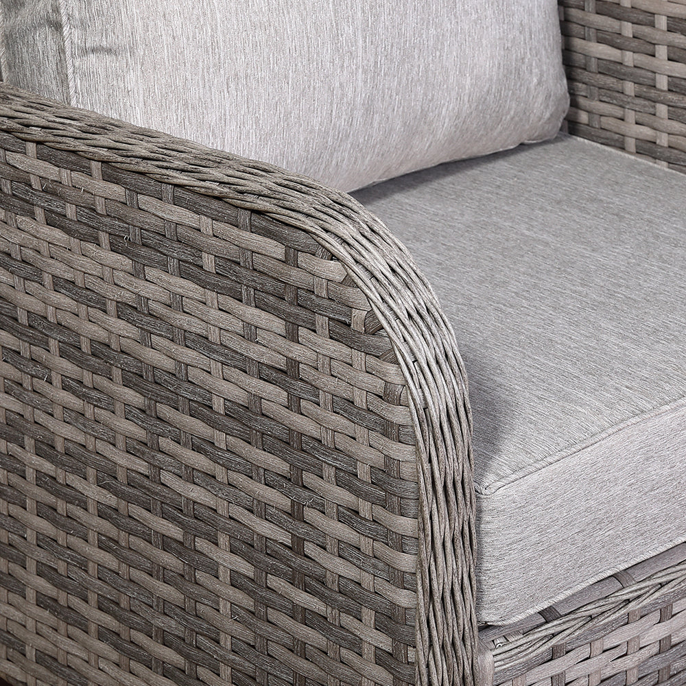 Sicily Range Aluminium Left Hand Corner Set with Rising Table and Arm Chair in Half Round Grey Weave