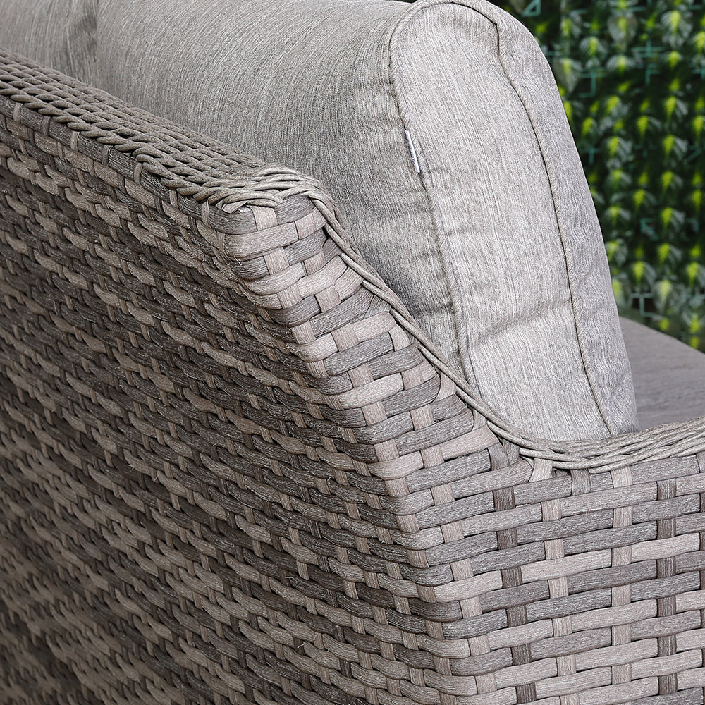 Sicily Range Aluminium Left Hand Corner Set with Rising Table and Arm Chair in Half Round Grey Weave