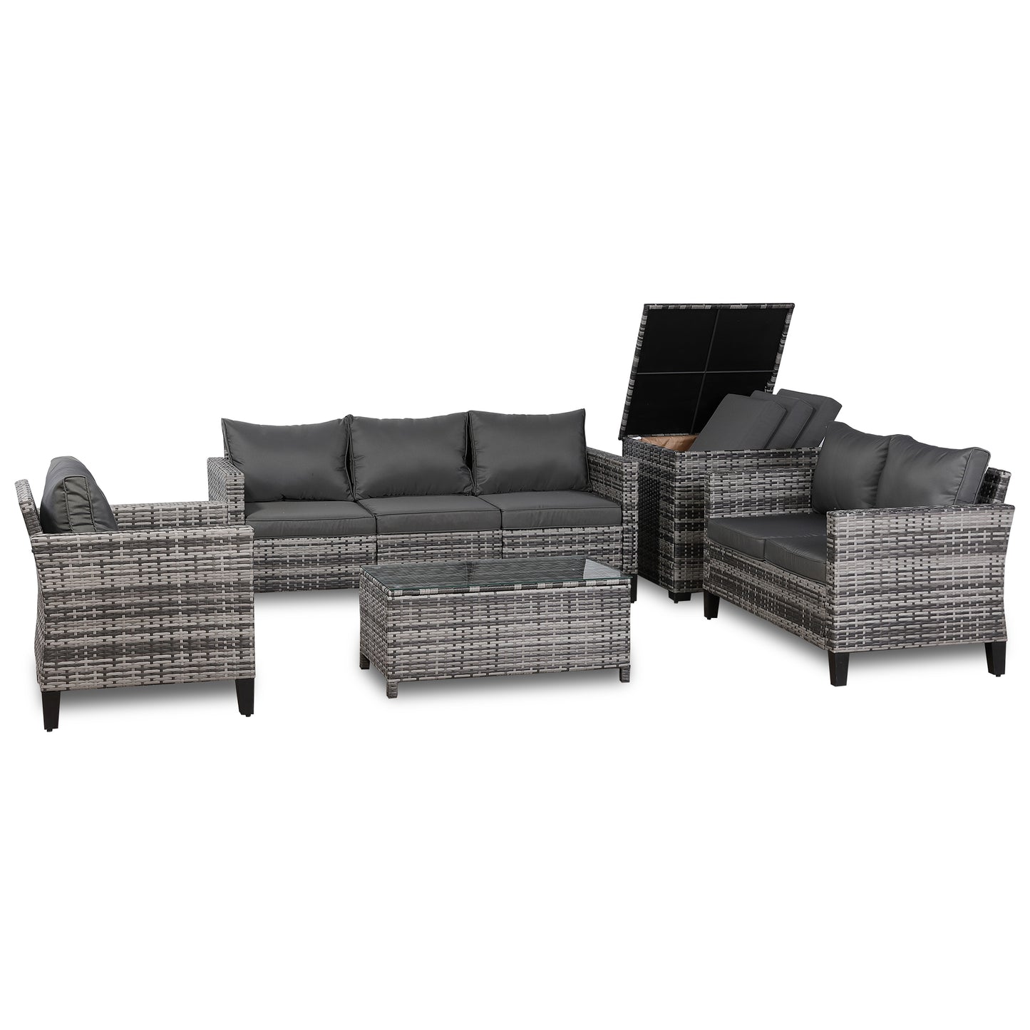 Palma Range Large Conrer Sofa Sets with Storage Box in Grey Rattan and Grey Cushions