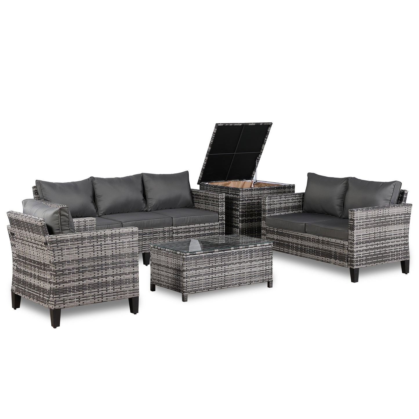 Palma Range Large Conrer Sofa Sets with Storage Box in Grey Rattan and Grey Cushions