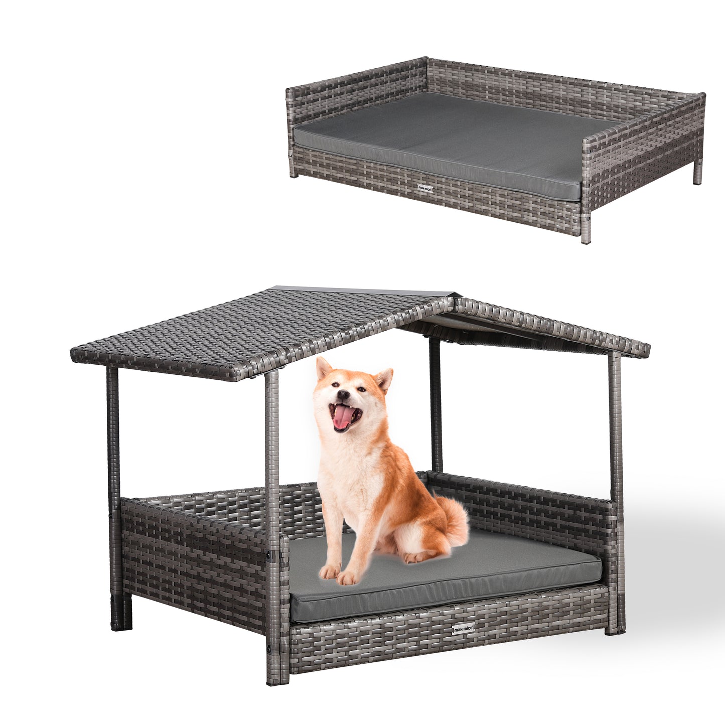 Max Mice Wicker Raised Dog House / Rattan Dog Bed for Indoor/Outdoor with Removable Roof and Cushion in Grey