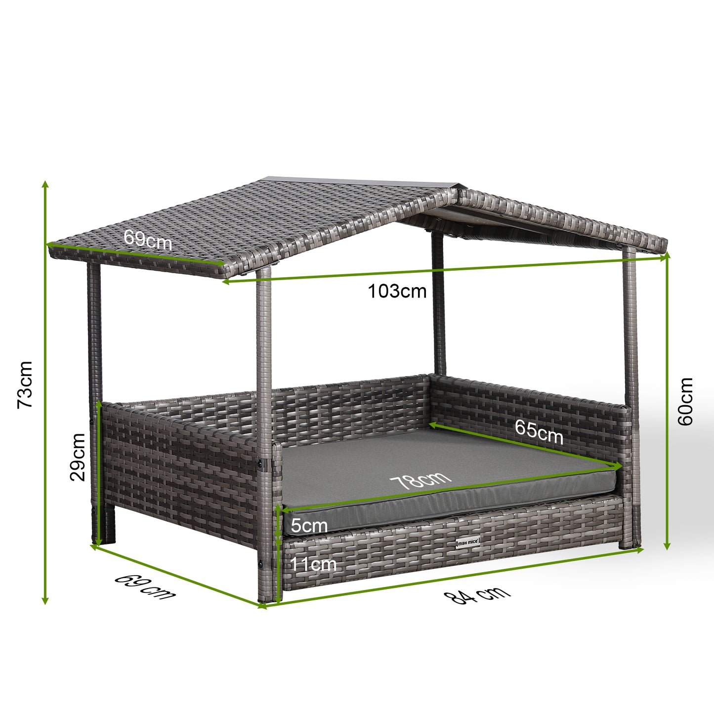 Max Mice Wicker Raised Dog House / Rattan Dog Bed for Indoor/Outdoor with Removable Roof and Cushion in Grey