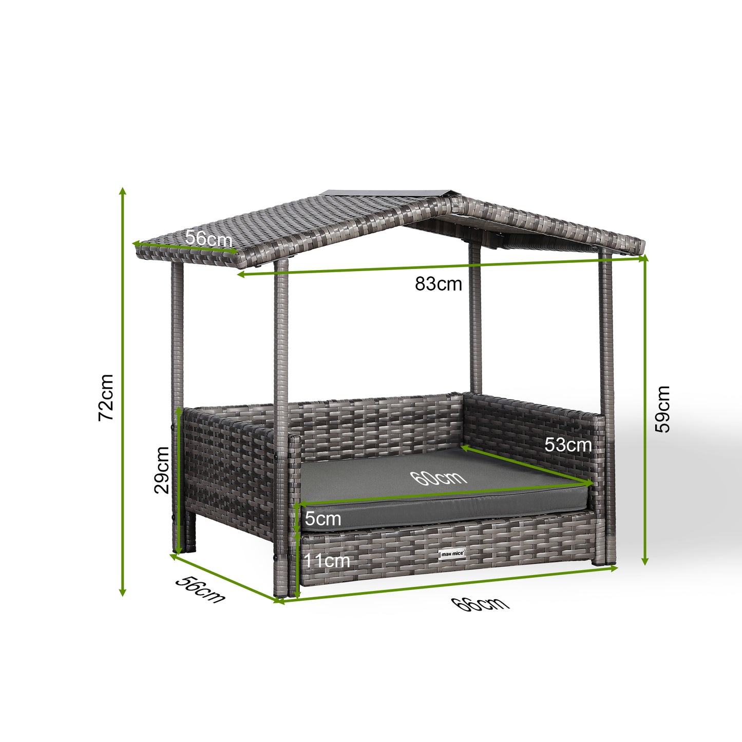 Max Mice Wicker Raised Dog House / Rattan Dog Bed for Indoor/Outdoor with Removable Roof and Cushion in Grey