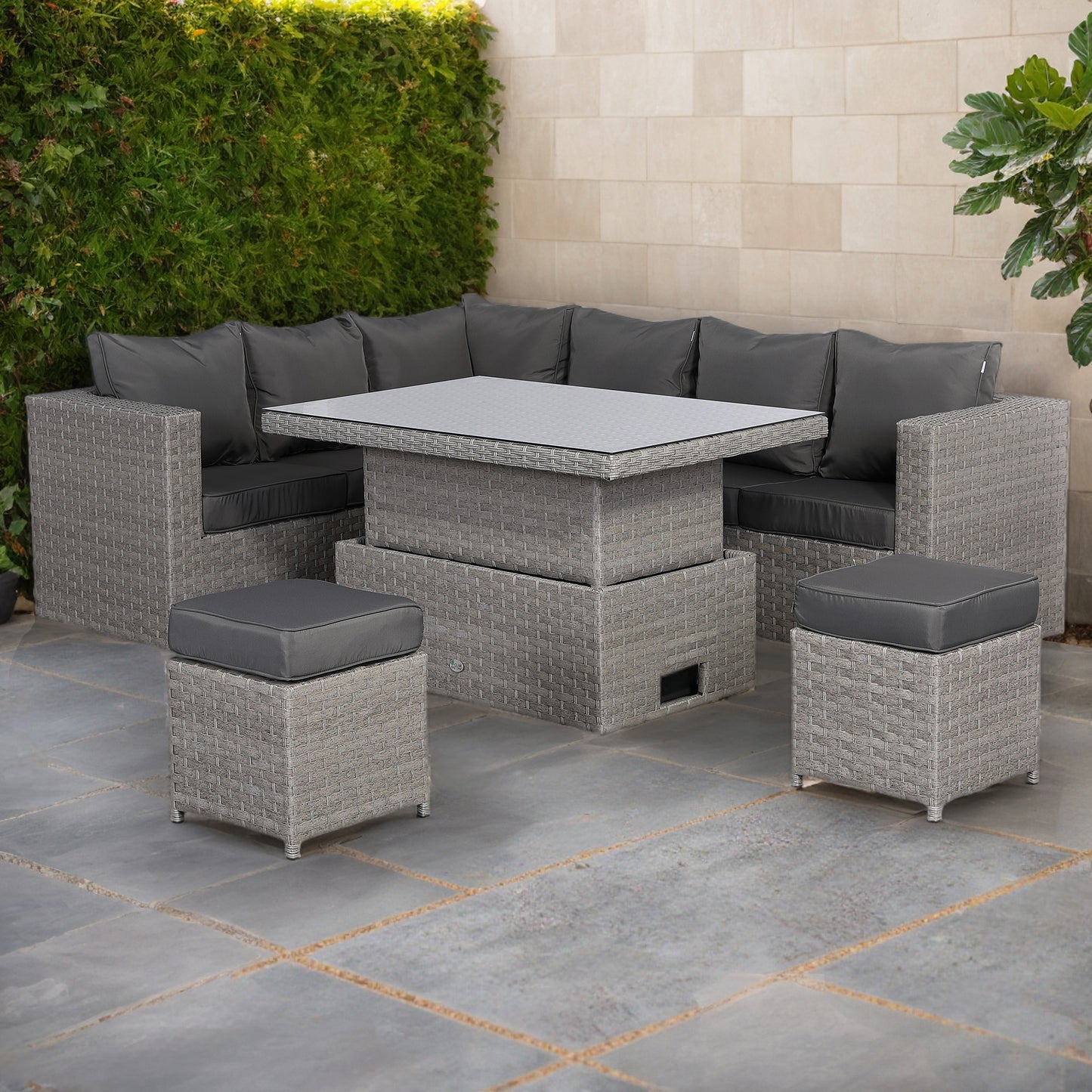 Ascot Range Large Modular Corner Sofa with Rising Table in Large Grey Rattan