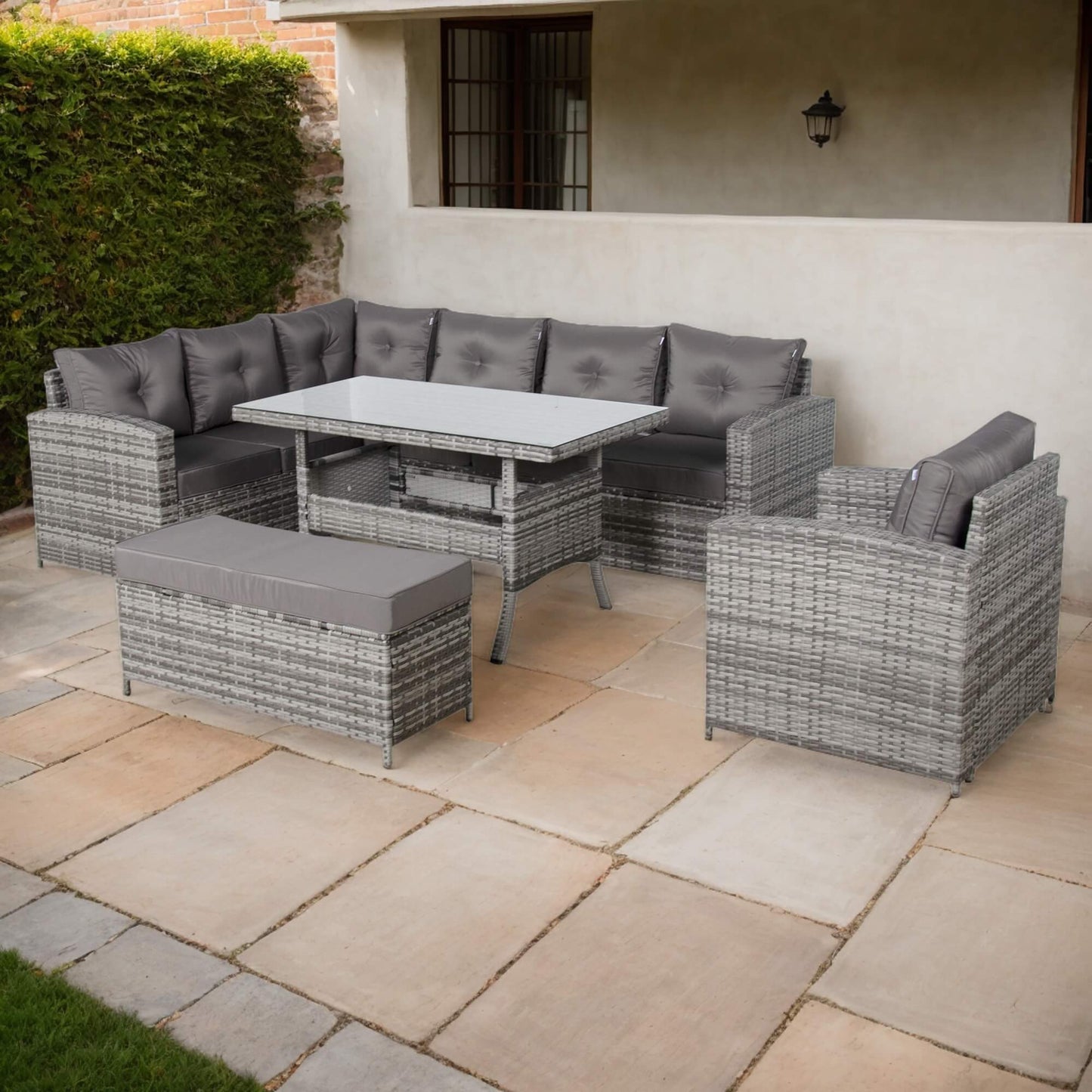 Due in 10/07/25 Henley Range Elite Lhf Corner Sofa Set with Dining Table in Grey Rattan