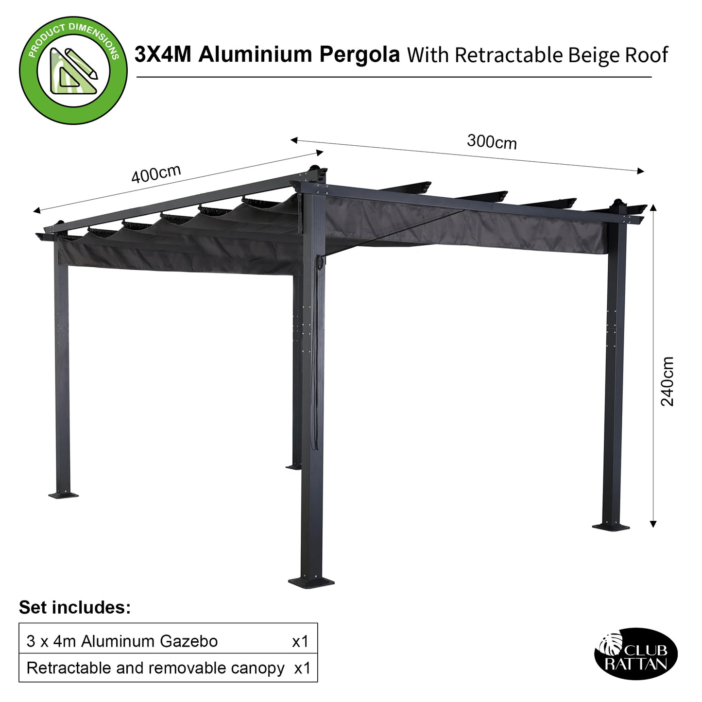Club Rattan 3 X 4M Aluminium Pergola With Retractable Grey Roof, Large Garden Pergola for BBQ, Outdoor and patio, in Charcoal