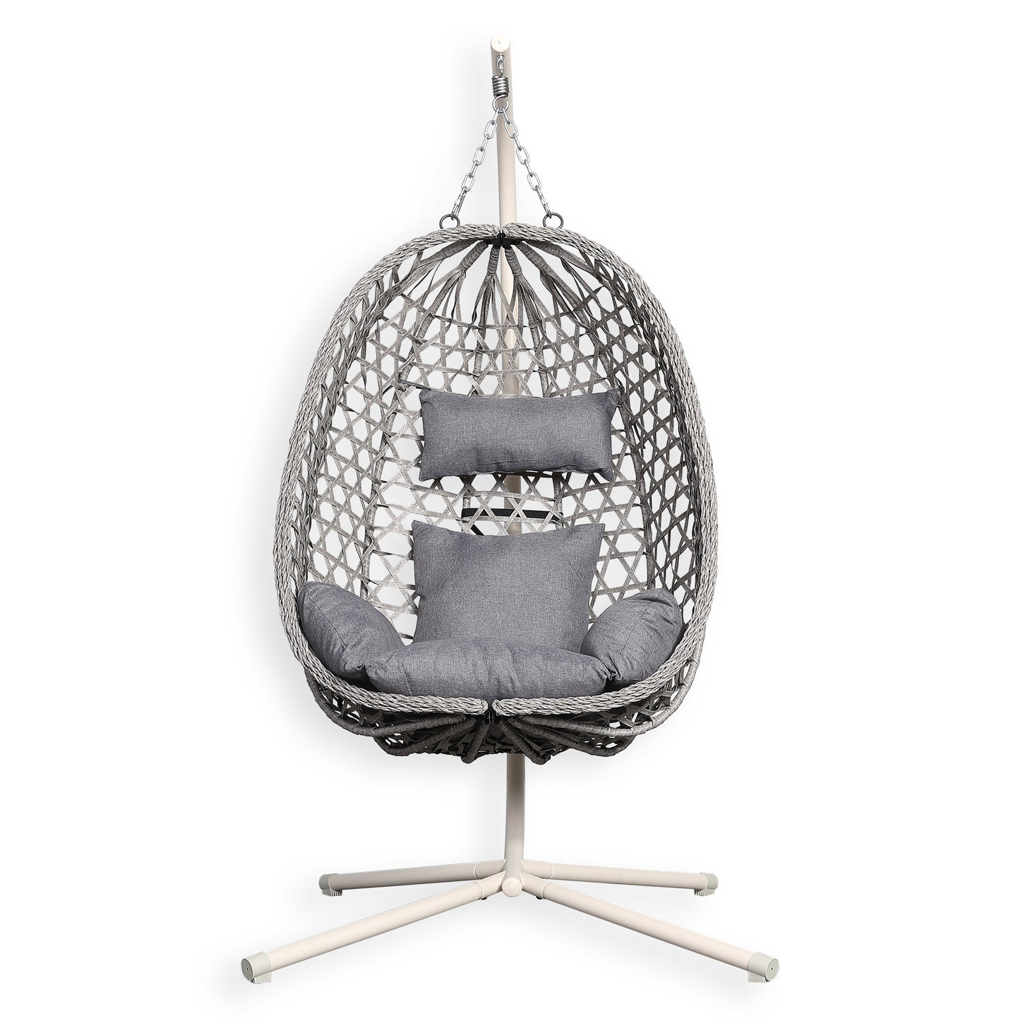 Club Rattan Nest Hanging Egg Swing Chair with Stand, Thick Showerproof Cushions, for Living Room,Balcony or Outdoor, Grey Weave & Beige Stand