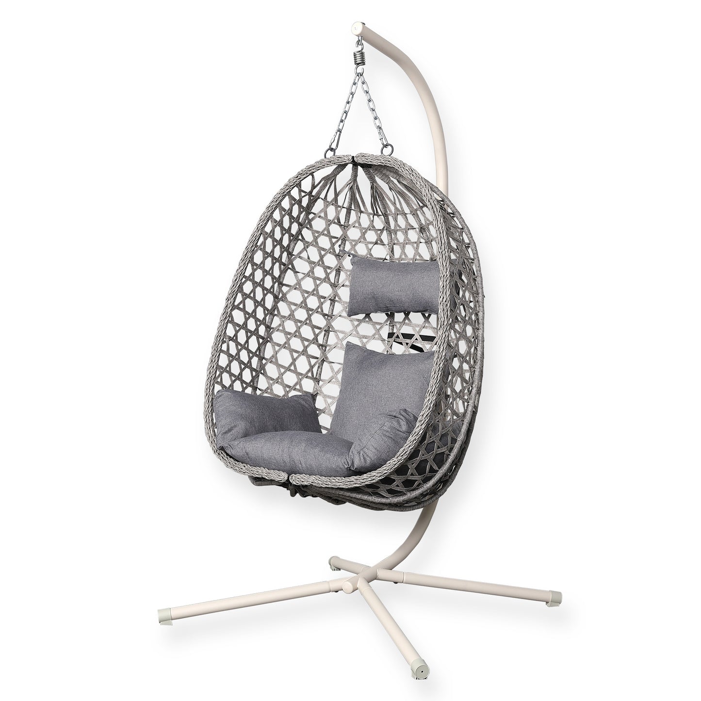 Club Rattan Nest Hanging Egg Swing Chair with Stand, Thick Showerproof Cushions, for Living Room,Balcony or Outdoor, Grey Weave & Beige Stand