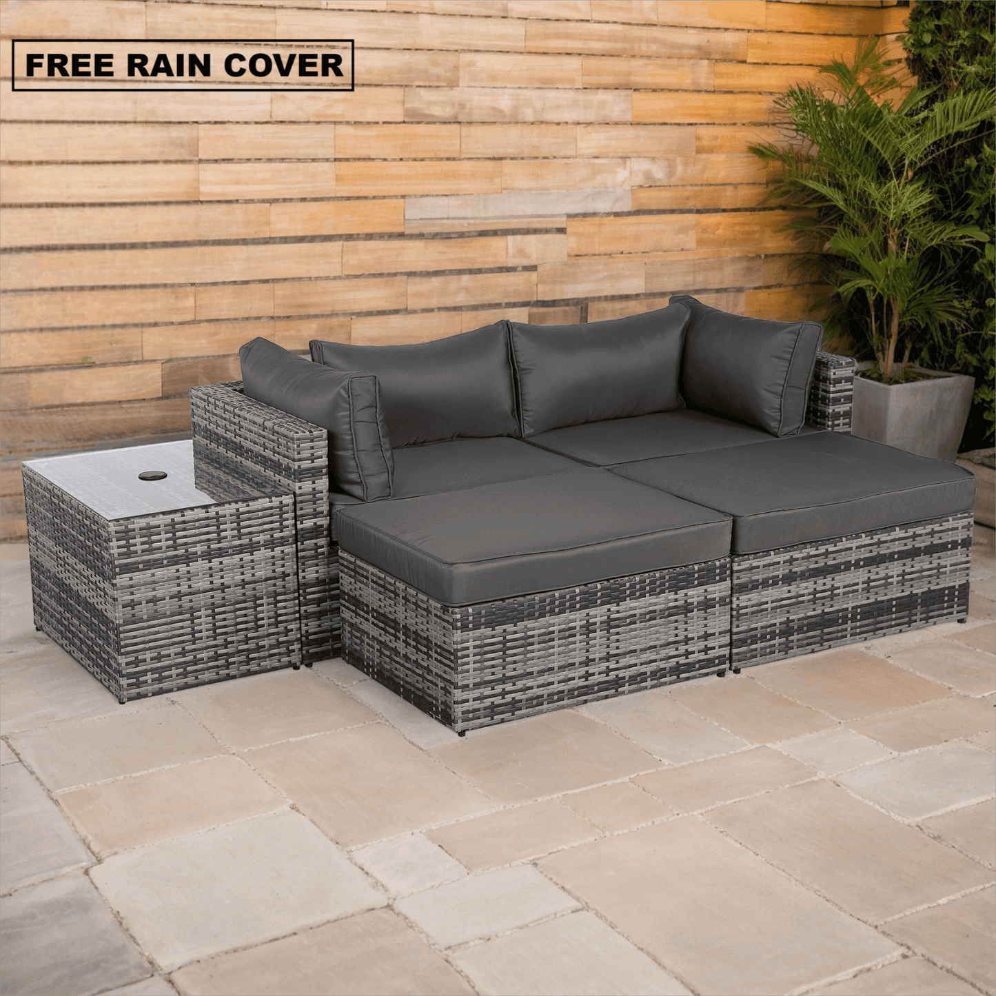 Modern Range Lounger Chaise Sofa Set with Side Table in Grey Rattan with Free Rain Cover