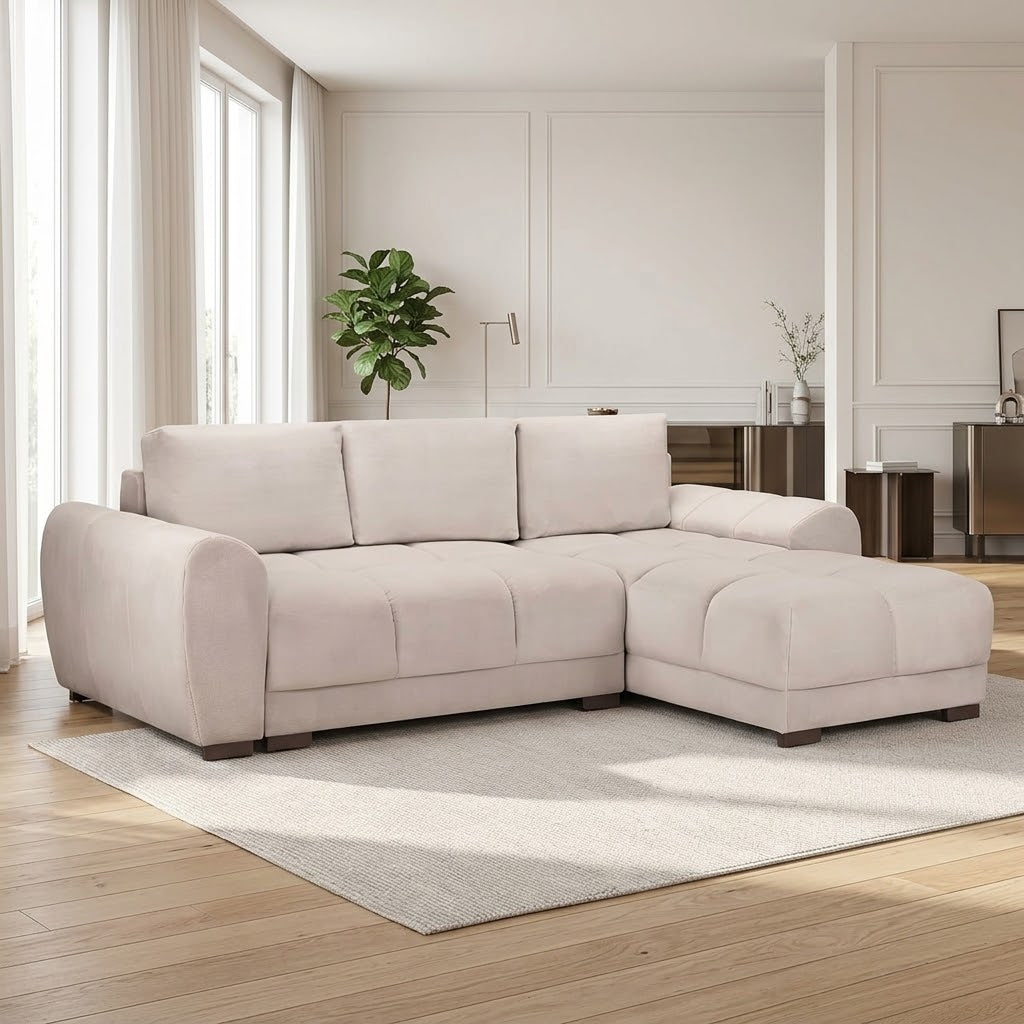 Plume Mocha Universal Corner Sofa Bed – 4 Seater Plush Velvet Sofabed with Under-Seat Storage