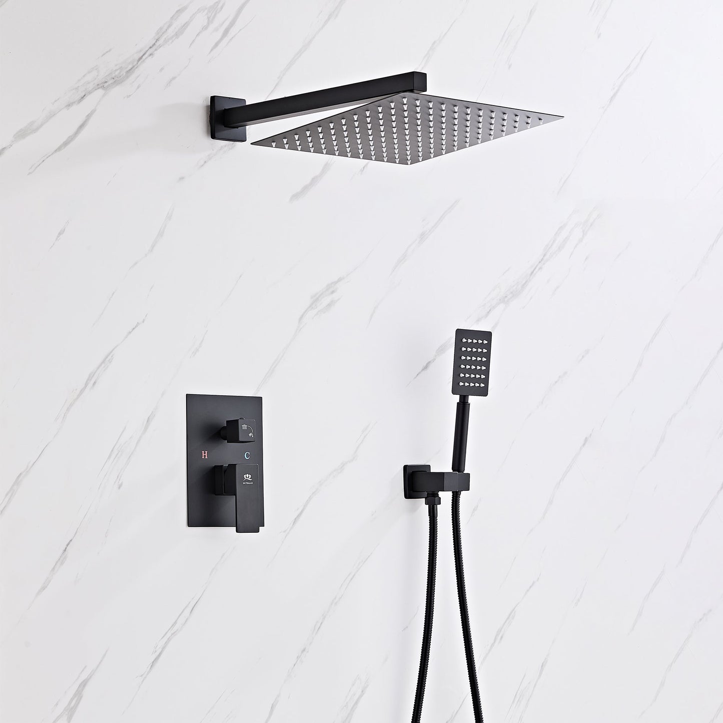 Matt Black Shower Valve, Fixed Shower Head & Handset