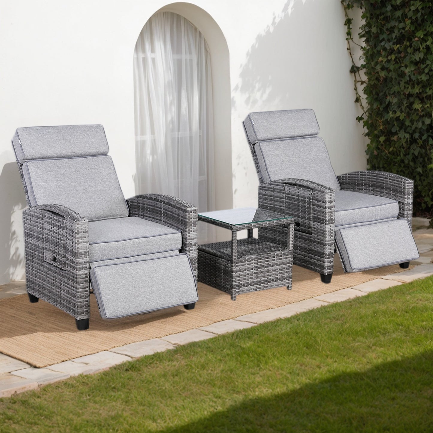 Club Rattan Wicker Reclining Chairs with Side Table, Adjustable Position Backrest Armchair with coffee tabel, 3-Piece Outdoor Furniture Set for Garden(3 colors)