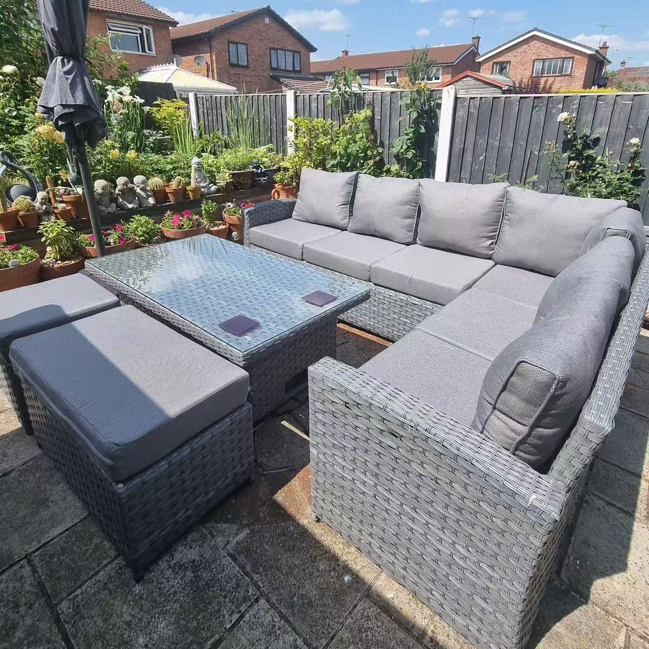 Isobella High Back Range Right Hand Corner Sofa Set with Rising Table in Preminum Grey Rattan