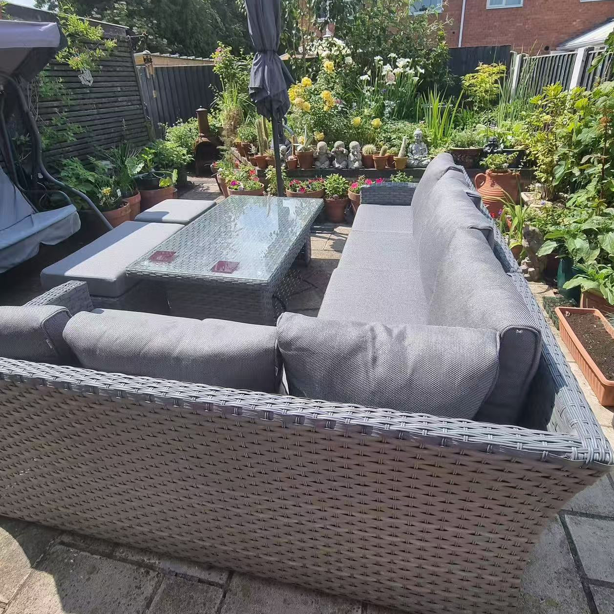 Isobella High Back Range Right Hand Corner Sofa Set with Rising Table in Preminum Grey Rattan