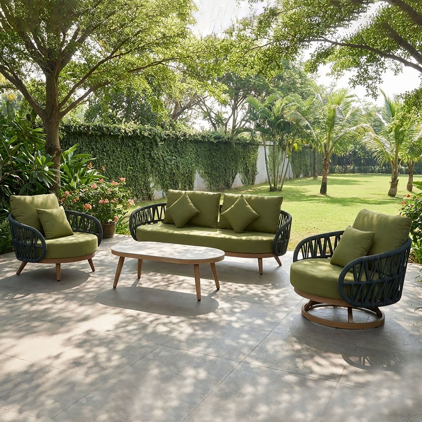 Luna Range Olive Green Rope Sofa Set with Green Cushions