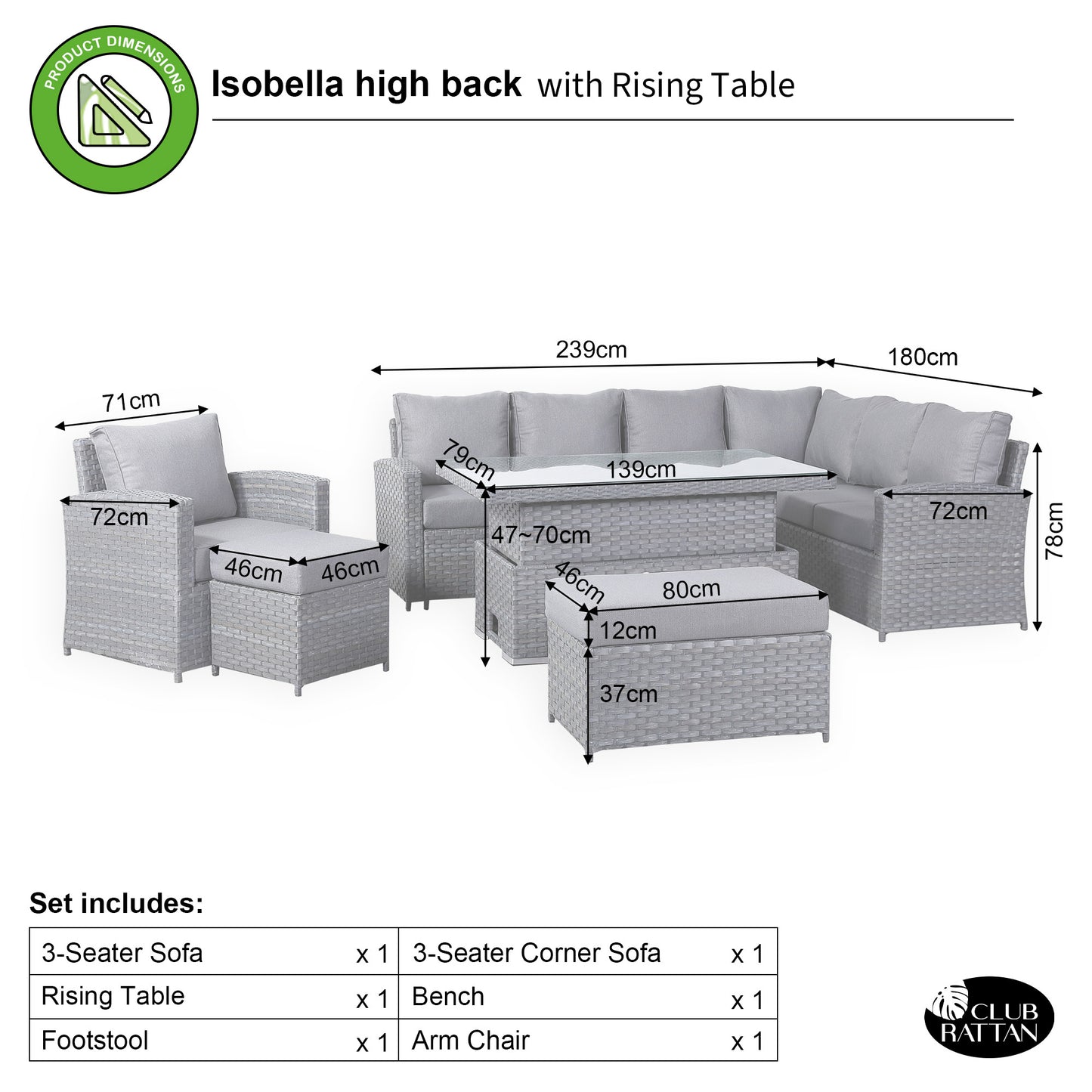 Isobella Range Elite Right Hand Corner Sofa Set with Rising Table and Arm Chair in Grey Rattan