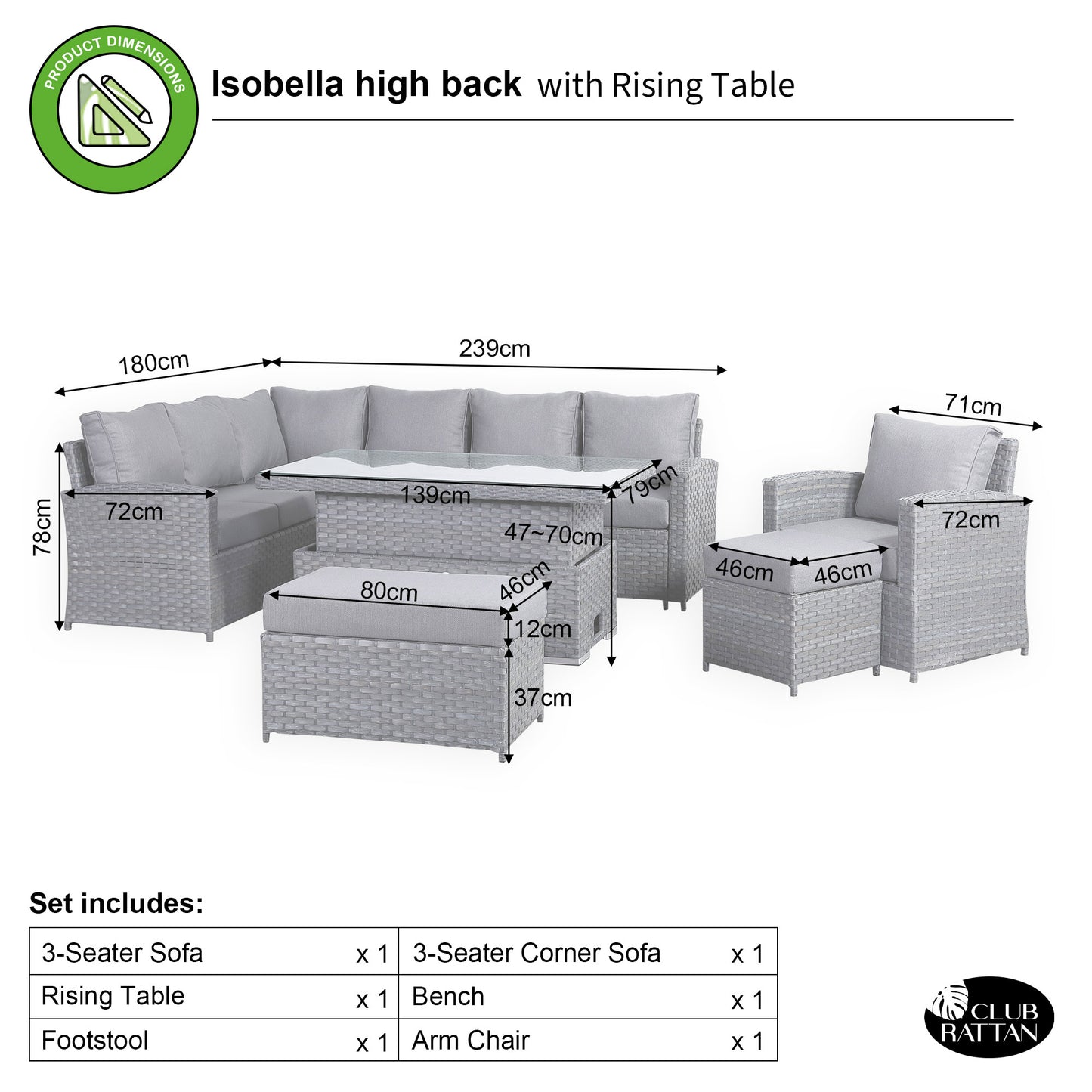 Isobella Range Elite Left Hand Corner Sofa Set with Rising Table and Arm Chair in Grey Rattan